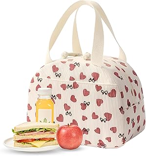 SHENDU Portable Lunch Bag for Women, Medium Size 10"x7.5"x5.5" Inches, Keeps Food Fresh 5+ Hours, Easy to Clean, Ideal for Work Picnic Travel, Beige (Love)
