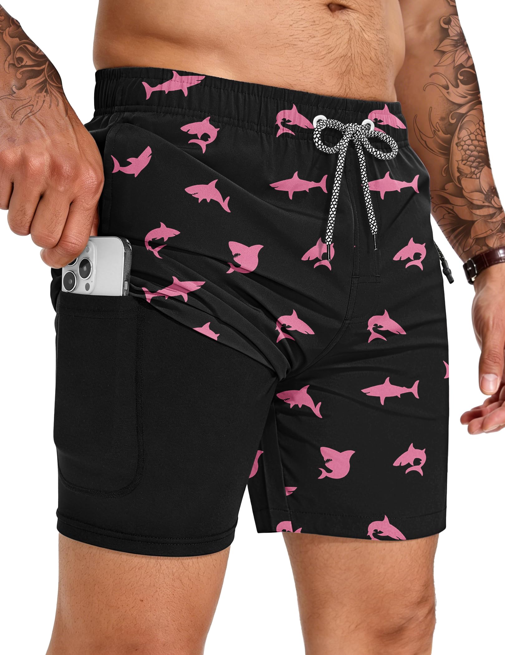 TARAINYA Badehose Herren Zipper Badeshorts 2 in 1 Kompression Liner Schnelltrocknend Atmungsaktiv mit Kordelzug für Strand Schwimmen Urlaub M-4XL