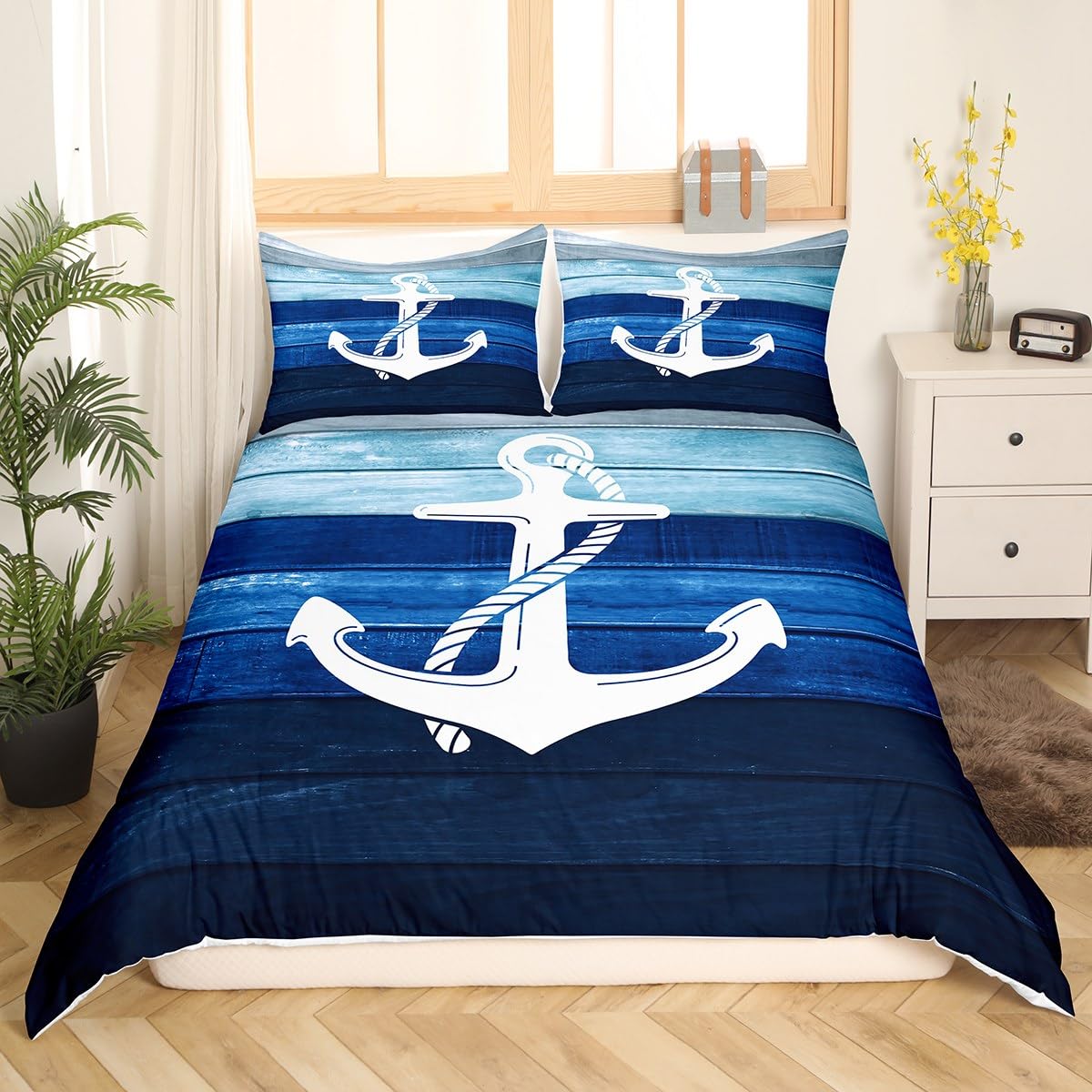 Castle FairyWhite Anchor Bedding Set for Kids,Nautical Style Ocean Adventure Comforter Cover with Zipper Closure,Ombre Blue Wooden Stripes Bedding Set Twin Size,Boys Girls Ultra Soft Quilt Cover