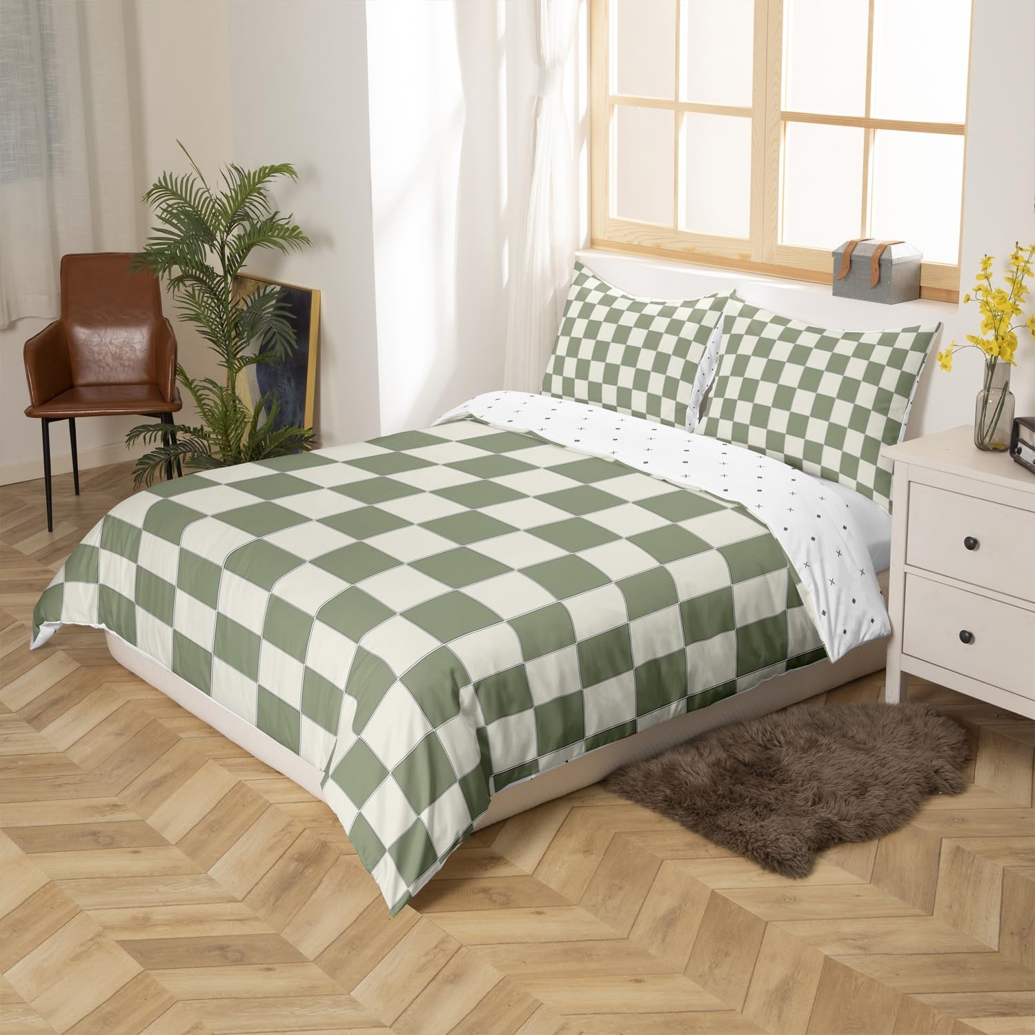 Plaid Comforter Cover Single Beige Sage Green Checkerboard Duvet Cover Geometric Checkered Bedding Set for Kids Boys Girls Aesthetic Grid Quilt Cover Modern Room Decor 2 Pcs - Image 3