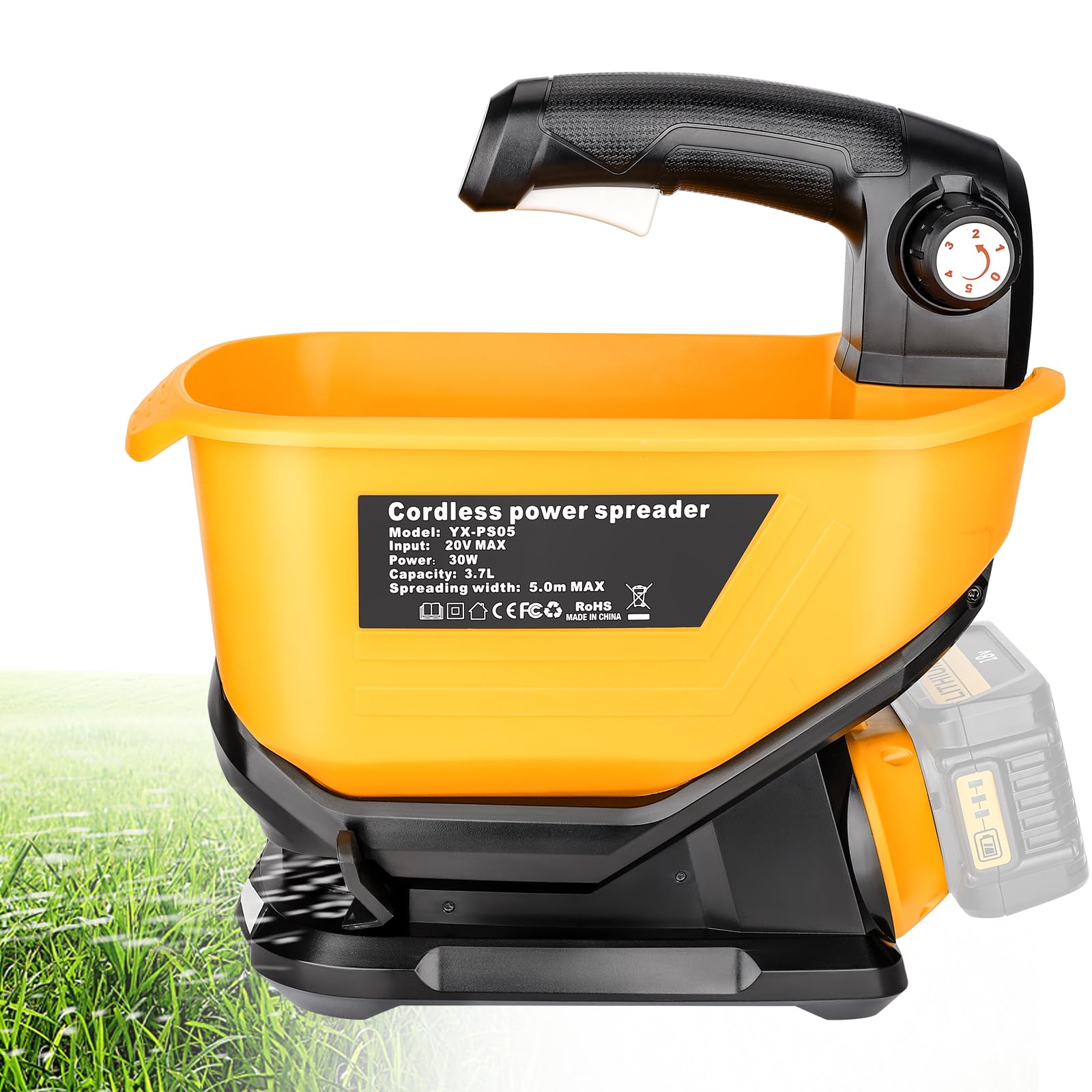 YEX-BUR Lawn Feed Spreader for Dewalt 18V Battery, Handheld Power Spreader for Dewalt 18v/20v Battery, Year-Round Used, Portable Cordless Seed Spreader Covers Up to 8,000 sq. ft.(Tool Only)