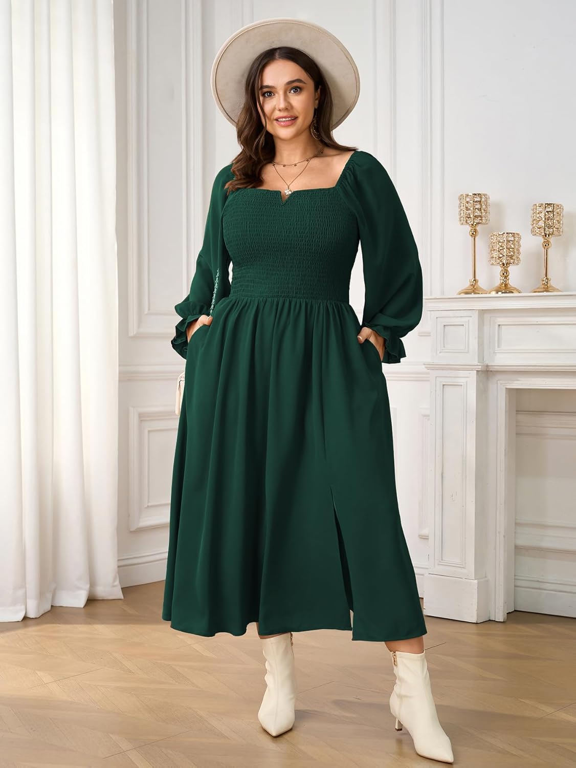 SCOMCHIC Womens Plus Size Maxi Dress Long Sleeve Square Neck Smocked Wedding Guest Flowy Split Fall Dresses with Pockets - Image 5