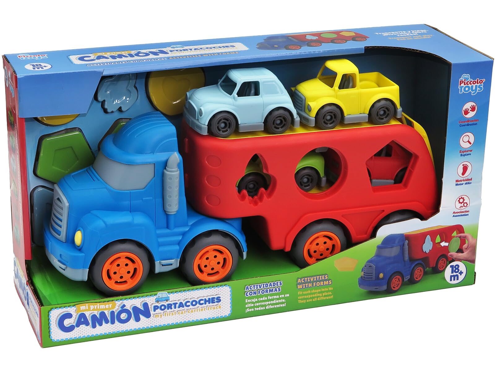 PICCOLOTOYS Camión Portacoches con 4 Coches y Actividades con Formas
