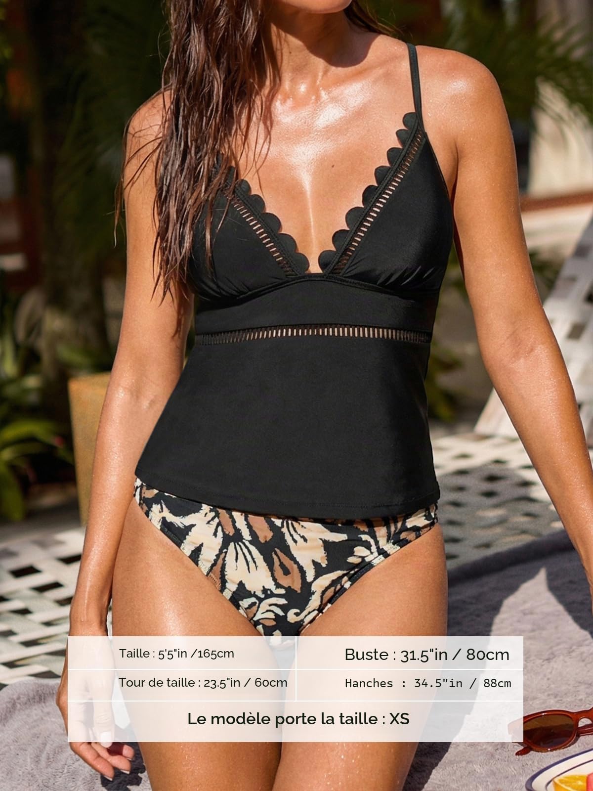 CUPSHE Tankini pour femme - Col en V festonné - Deux pièces - Maillot de bain réglable à nouer soi-même - Taille moyenne, Noir/tropical, M