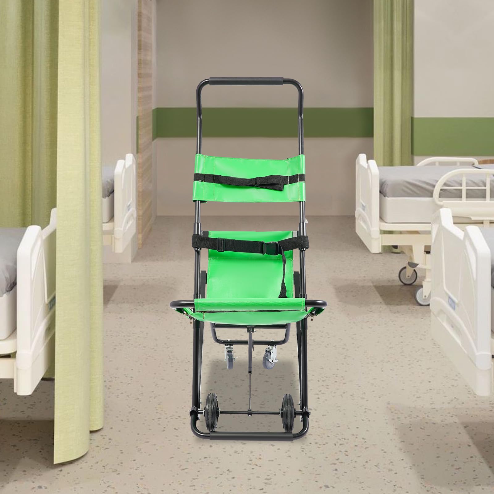 EMS - Silla plegable para escaleras (159 kg, de aluminio, con 4 ruedas, portátil, para personas mayores, color verde y negro)