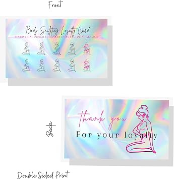 Boutique Marketing LLC Body Sculpting Loyalty Discount Card | 50 Pack | 2x3.5 inch Business Card Size | Non-Reflective Matte Rainbow Holographic Look Design