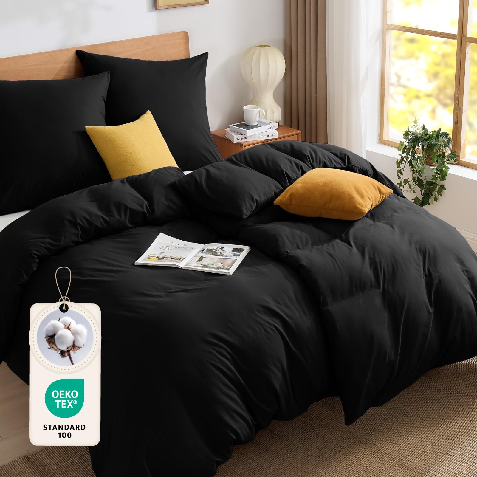 BEDELITE Bettwäsche 135x200 Baumwolle 4teilig - Bettbezüge 135x200cm 2er Set Schwarz mit 2 Kissenbezüge 80x80 cm, Oeko-TEX Bedding weiche und kuschelige Bettwaren