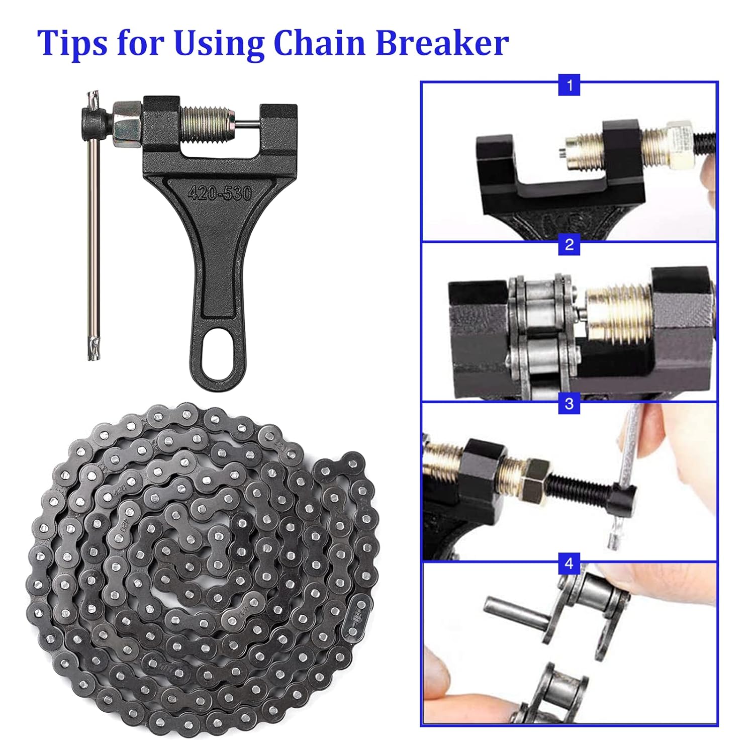 420 Motorcycle Chain 132 Links - 420 Chain for 50 70 90 110 125cc 212cc TaoTao Coolster Apollo Baja Kazuma Chinese ATV, 420 Chain for Mini Bike Go Kart, Free Chain Breaker Included