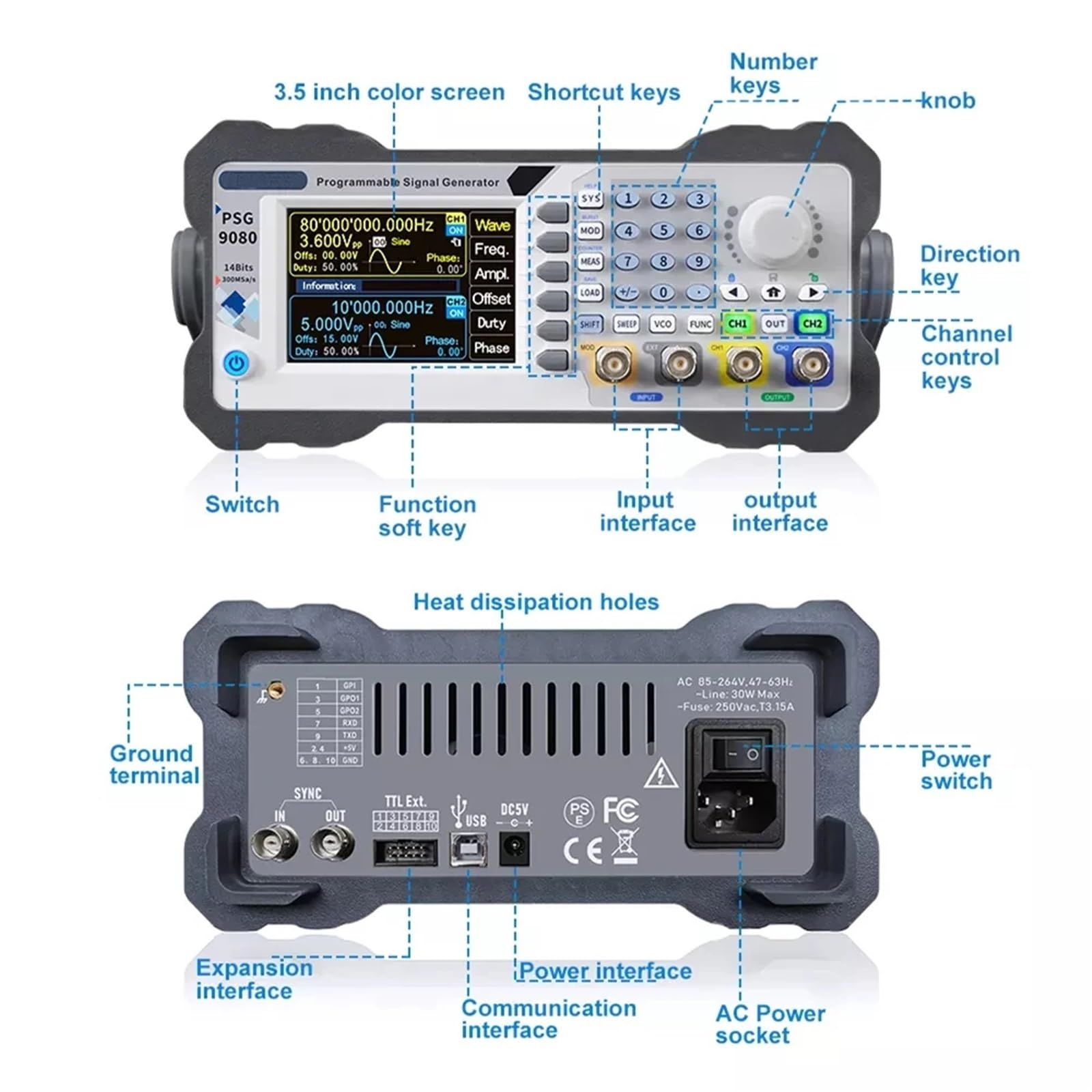 PSG9080 Generador de señal digital programable de 80 MHz con DDS dual/2 canales, medidor de frecuencia y generador de forma de onda arbitraria (AU)