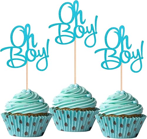 ALISSAR Paquete de 24 adornos azules con purpurina para cupcakes, decoración de fiesta de baby shower