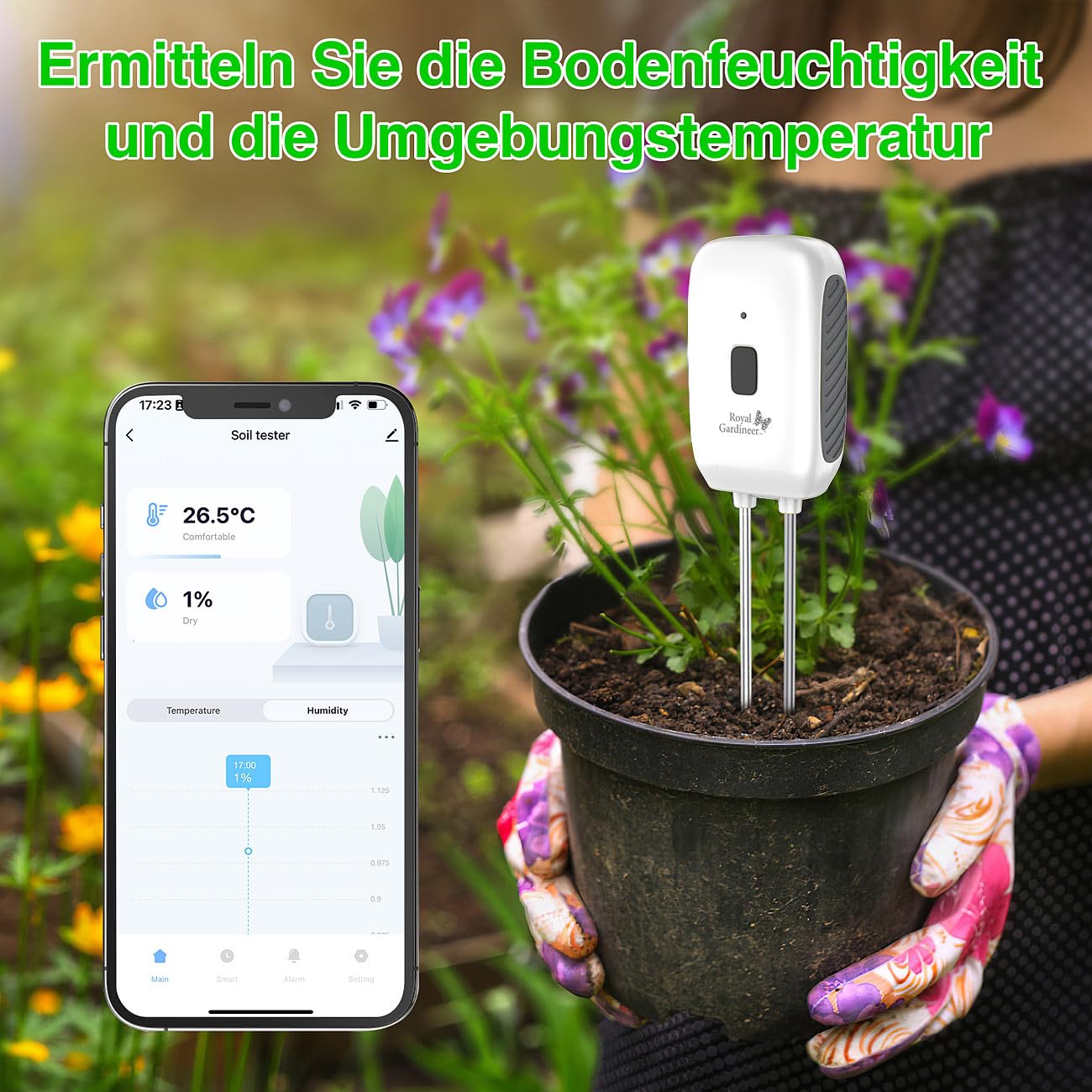 Royal Gardineer Bodenfeuchtigkeitssensor: 4er-Set Boden-Feuchtigkeits-&Temperatur-Sensoren mit WLAN-Gateway, App (Boden Feuchtigkeitsmesser WLAN, Bodentemperatur Sensor, Thermo)