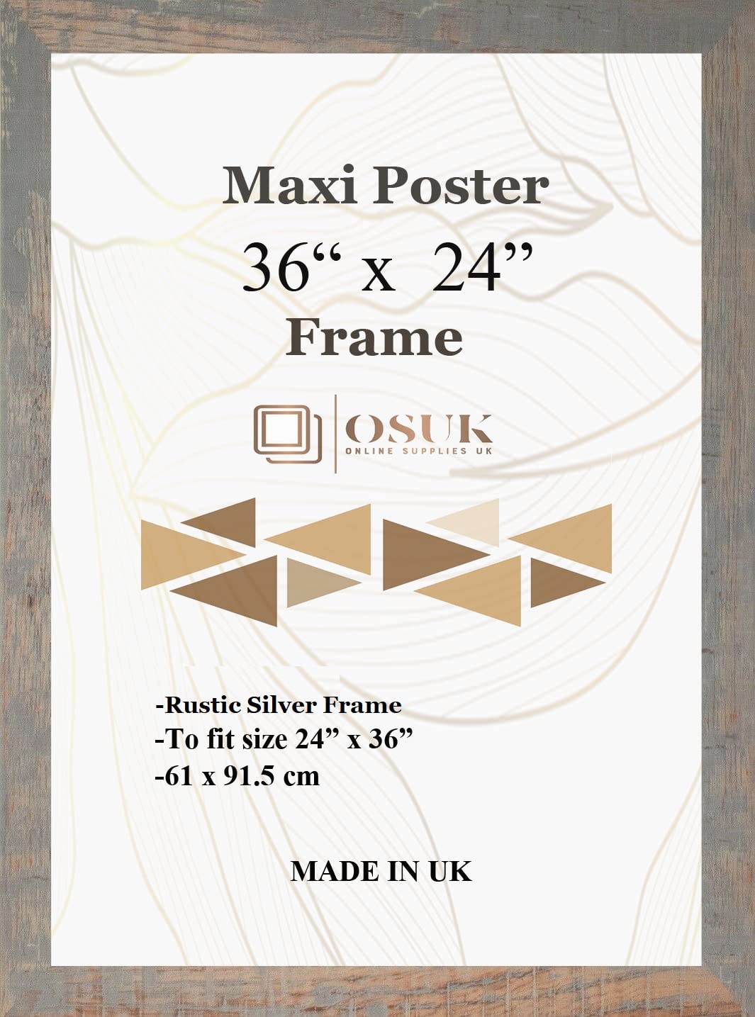 OSUK Rustic Silver Maxi Poster Frame 61 x 91.5cm - Large Photo Frame 36 x 24 Inch - 91.5 x 61cm Poster Frames With Clear Perspex Front & Wall Mounting Hooks - Rustic Silver 24" x 36" Picture Frame