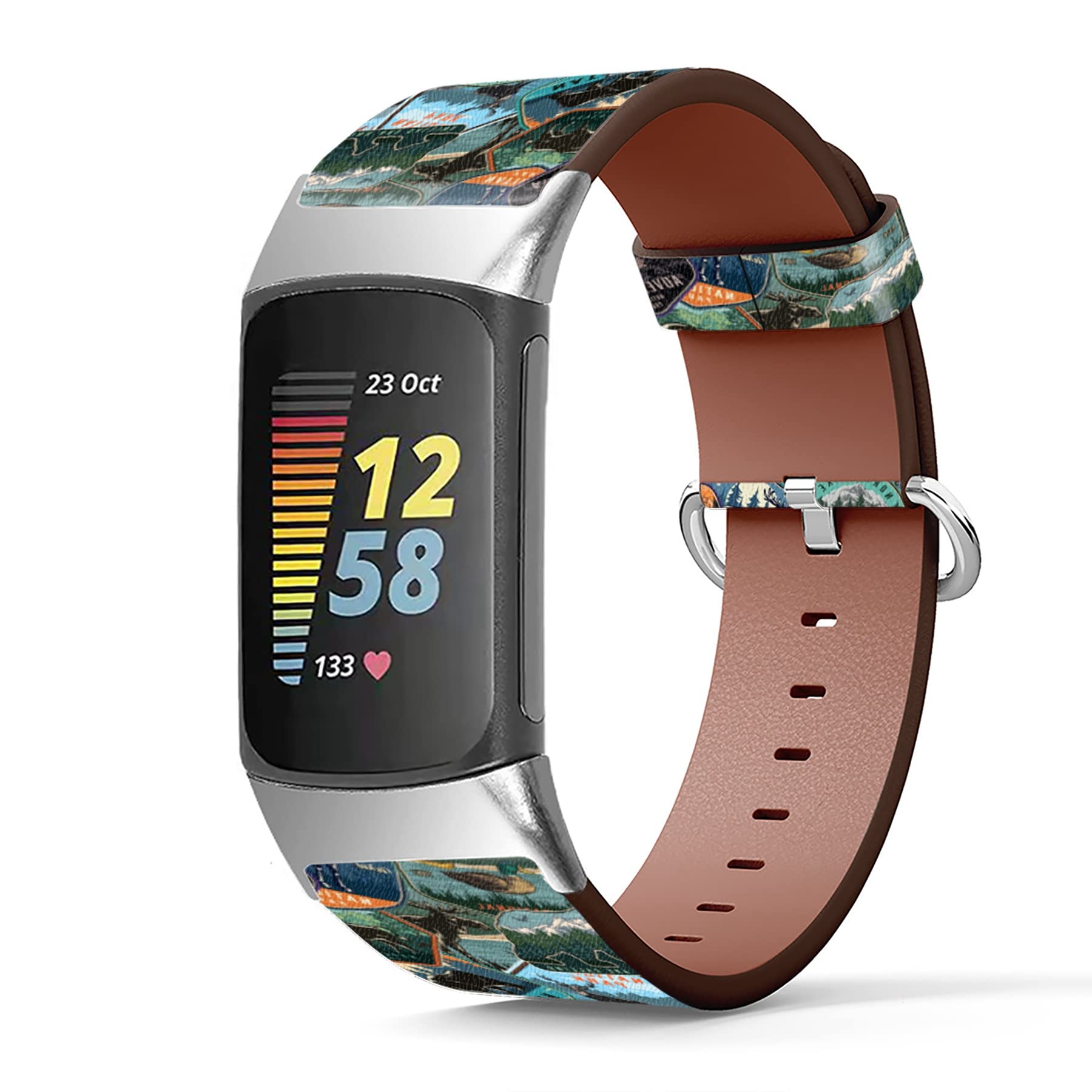 MINGDAO Compatible with Fitbit Charge 5 , Patterned Leather Replacement Band , National Park Emlbems