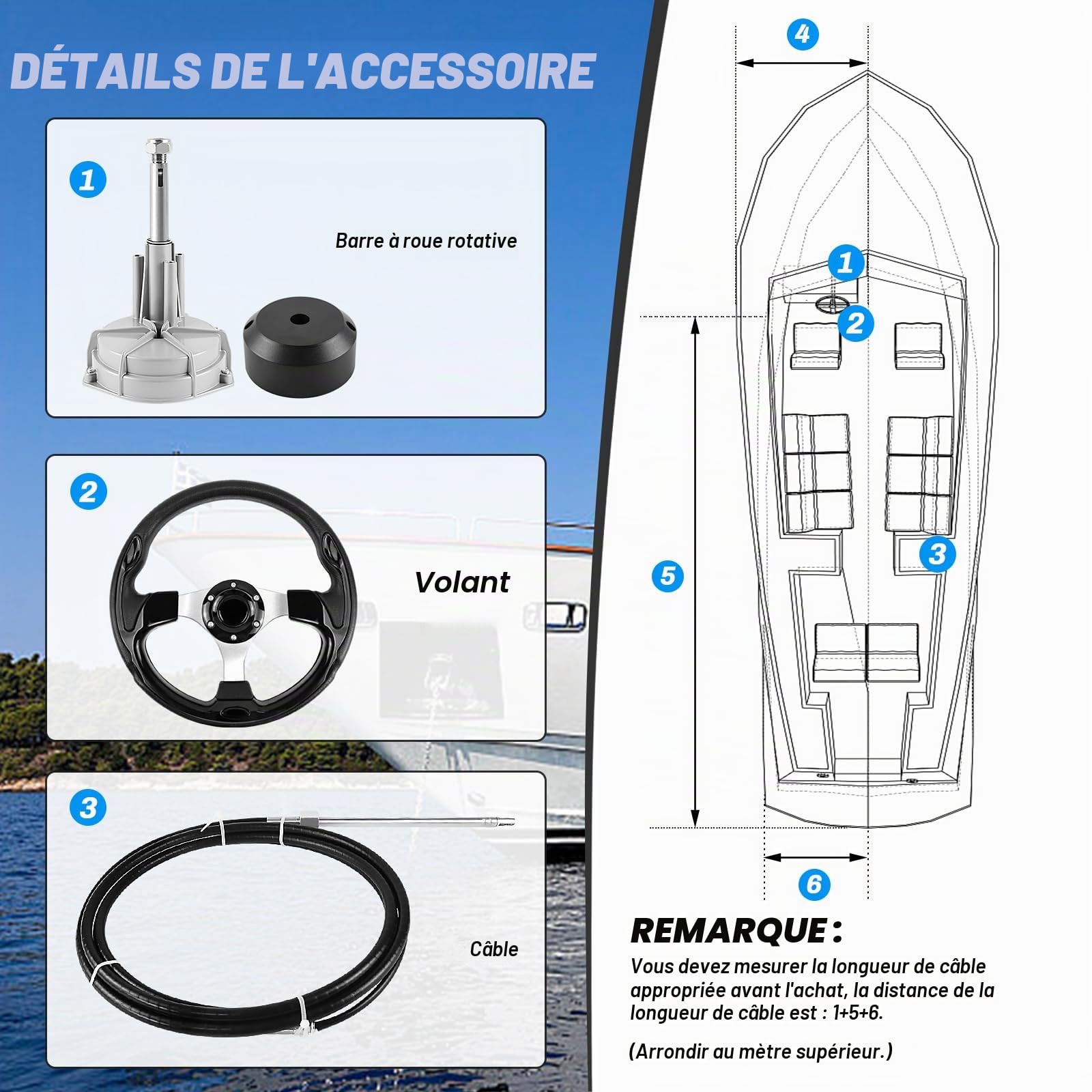 Système de direction de bateau - Kit de direction rotative mécanique - Câble de commande de 457,2 cm pour hors-bord - Systèmes de direction marine pour bateaux de pêche, yachts et autres
