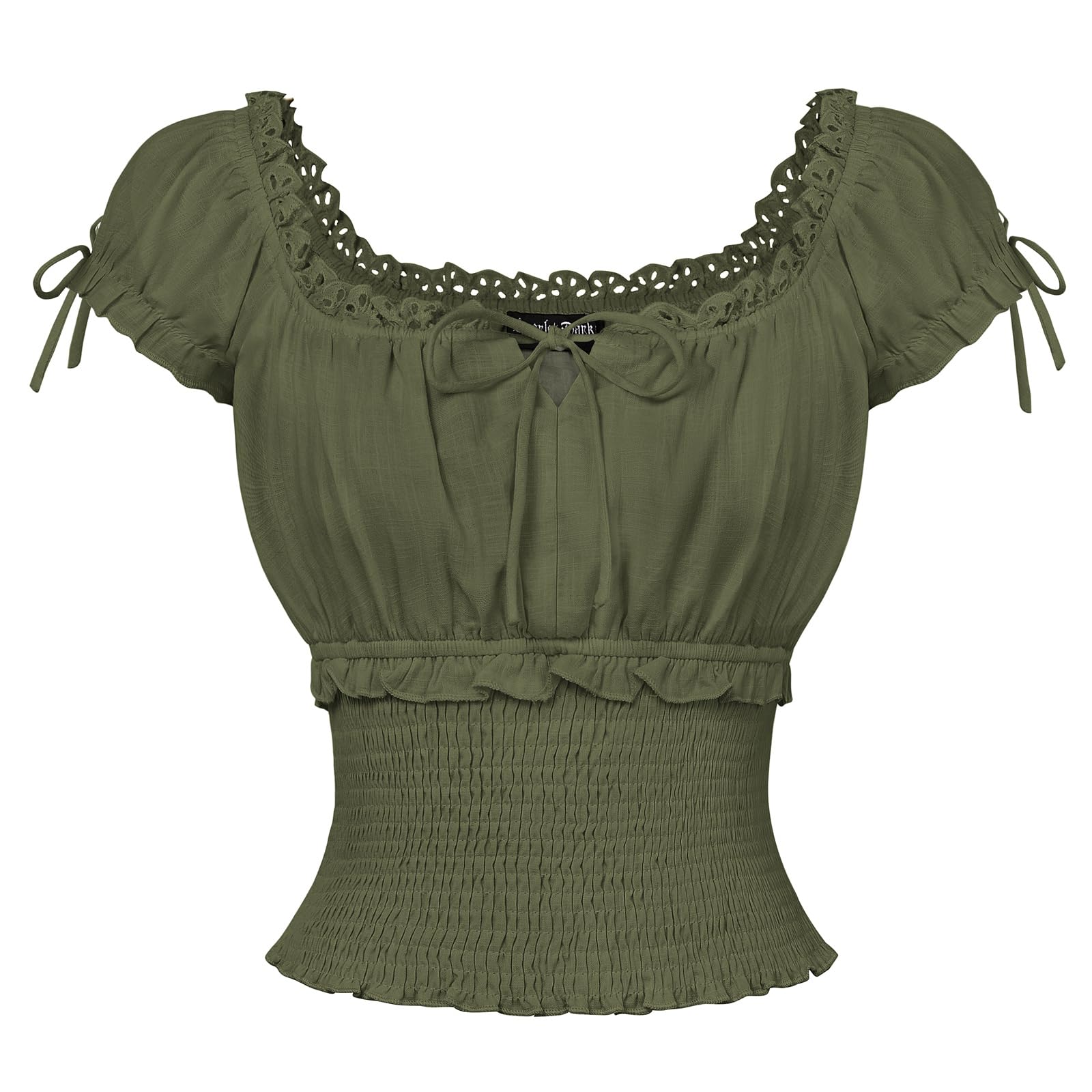 SCARLET DARKNESS Women Renaissance Cotton Short Sleeve Square Neck Top Smocked Waist U-Back Ruffled Cuff Blouses Green XXL