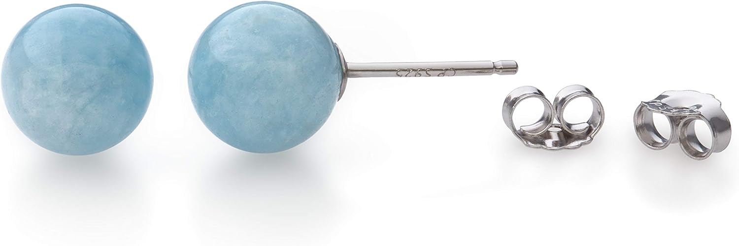 Belacqua Round Natural Green Jade,Blue Milky Aquamarine,Rose Quartz or Black Onyx Stud Earrings in Sterling Silver, Gemstone Size - 6mm to 10 mm, Jewelry for Women, Gift Box Included - Image 2