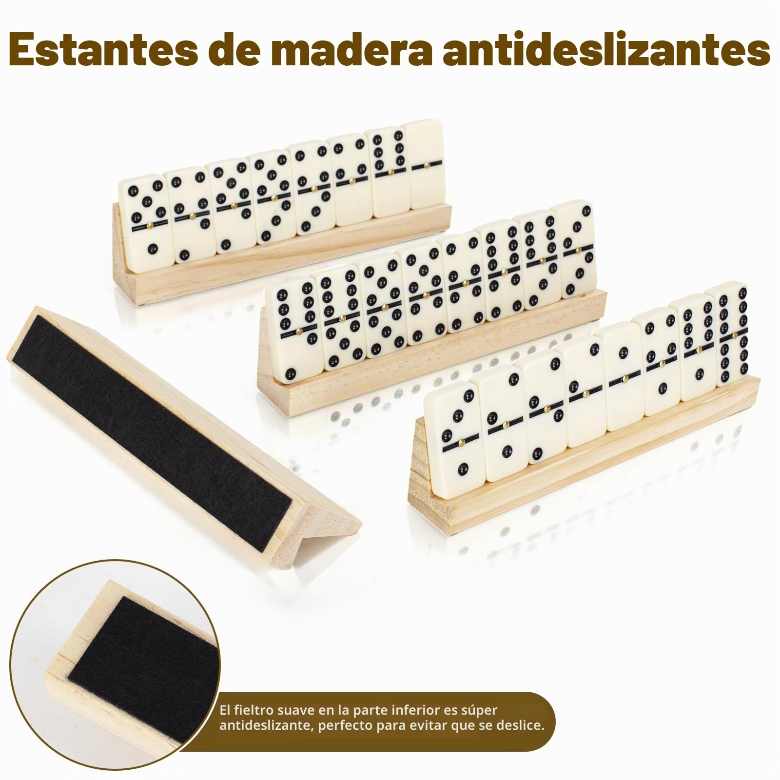Juego de Dominó Doble 6 para Adultos, Dominós Duraderos de 28 Piezas con 4 Estanterías de Madera y Estuche de Transporte, Juegos de Mesa Clásicos, Juego de Viaje Portátil