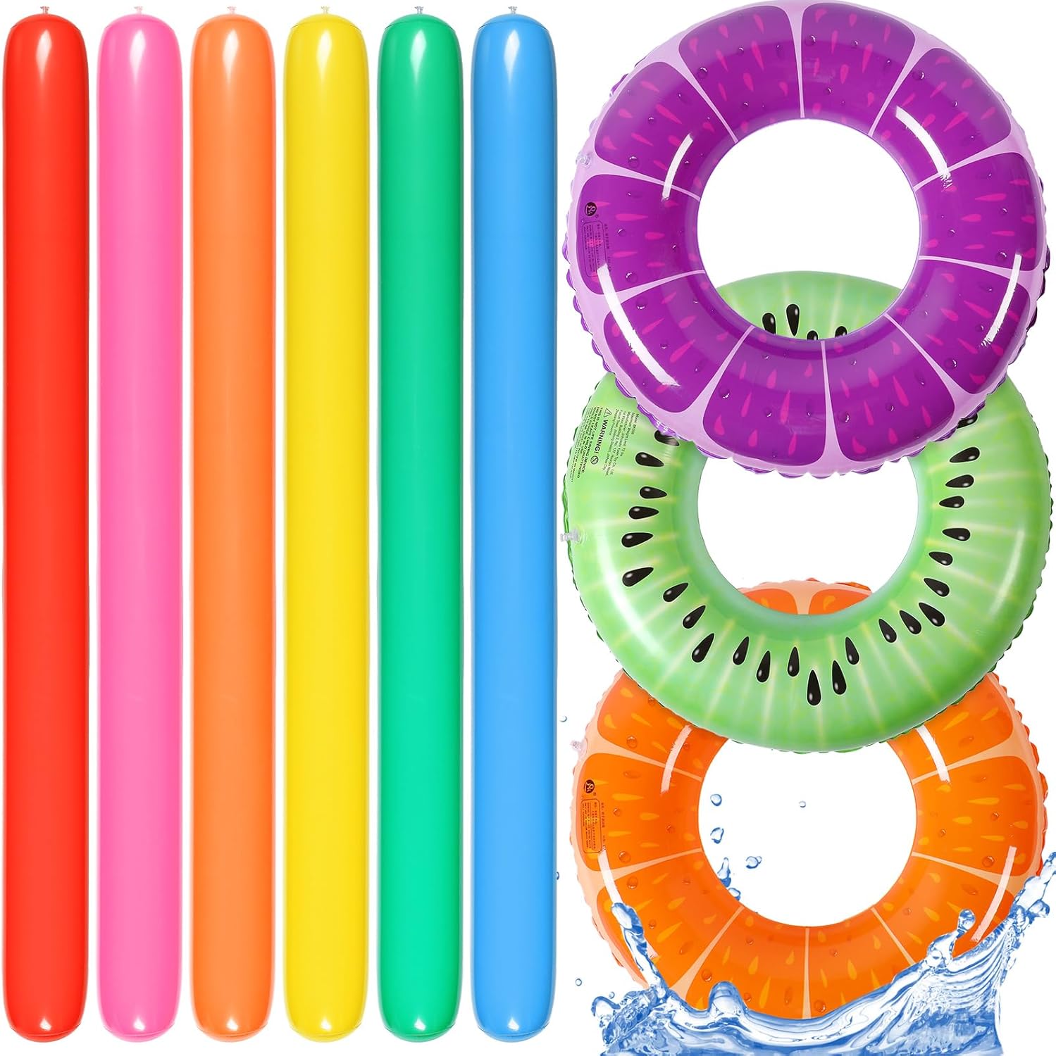 Lenwen 9 Pack Inflatable Pool Floats Kids Includes Fruit Pool Floats Kiwi Orange Grape Swim Rings Pool Inflatable Sticks Blow up Pool Noodles for Summer Beach Floating Water Party Toy