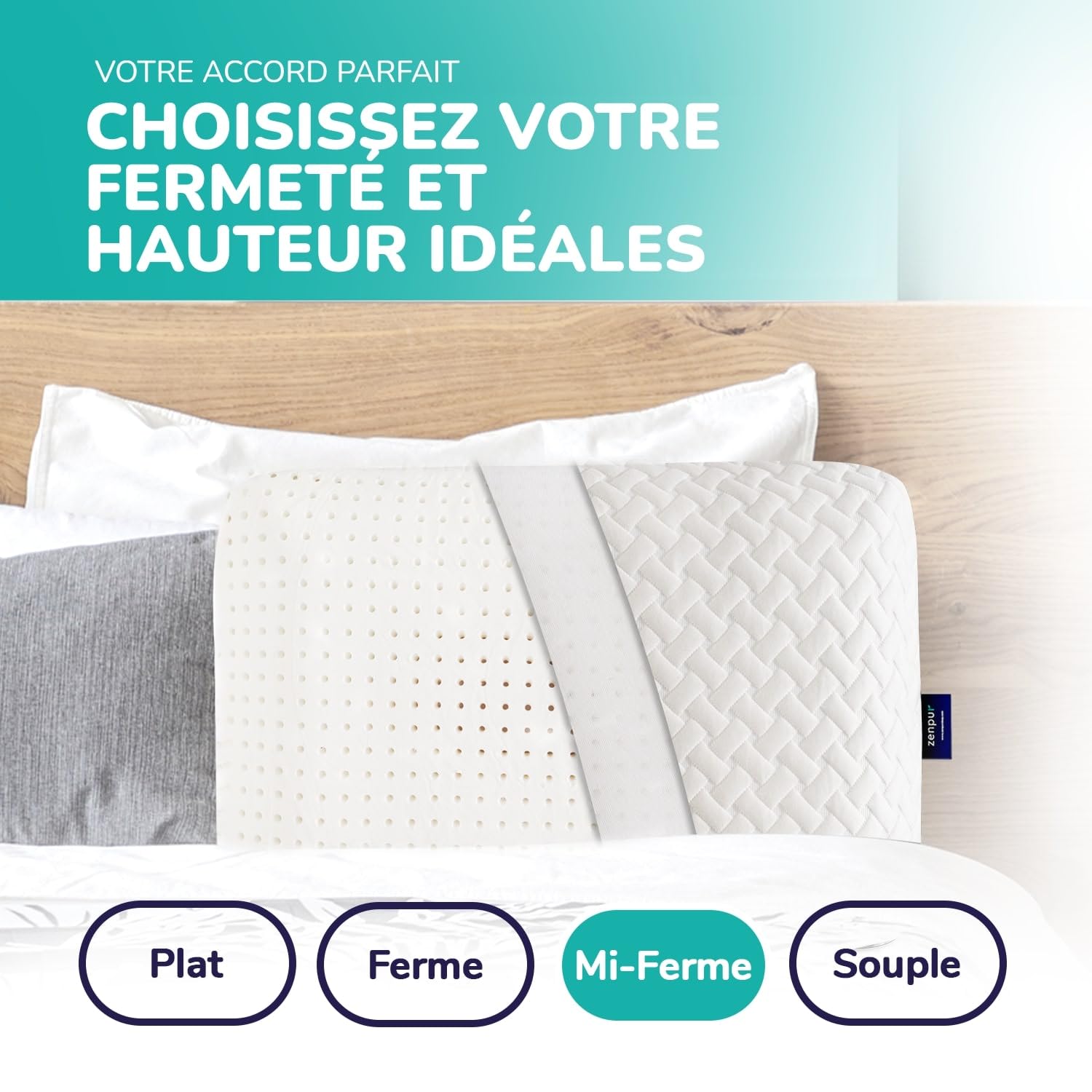 ZenPur Oreiller Cervical Mémoire de Forme 40x60 - Coussin Ergonomique Anti-Douleurs Cervicales - Mi-Ferme, Housse Bambou Premium, Certifié Oeko-TEX