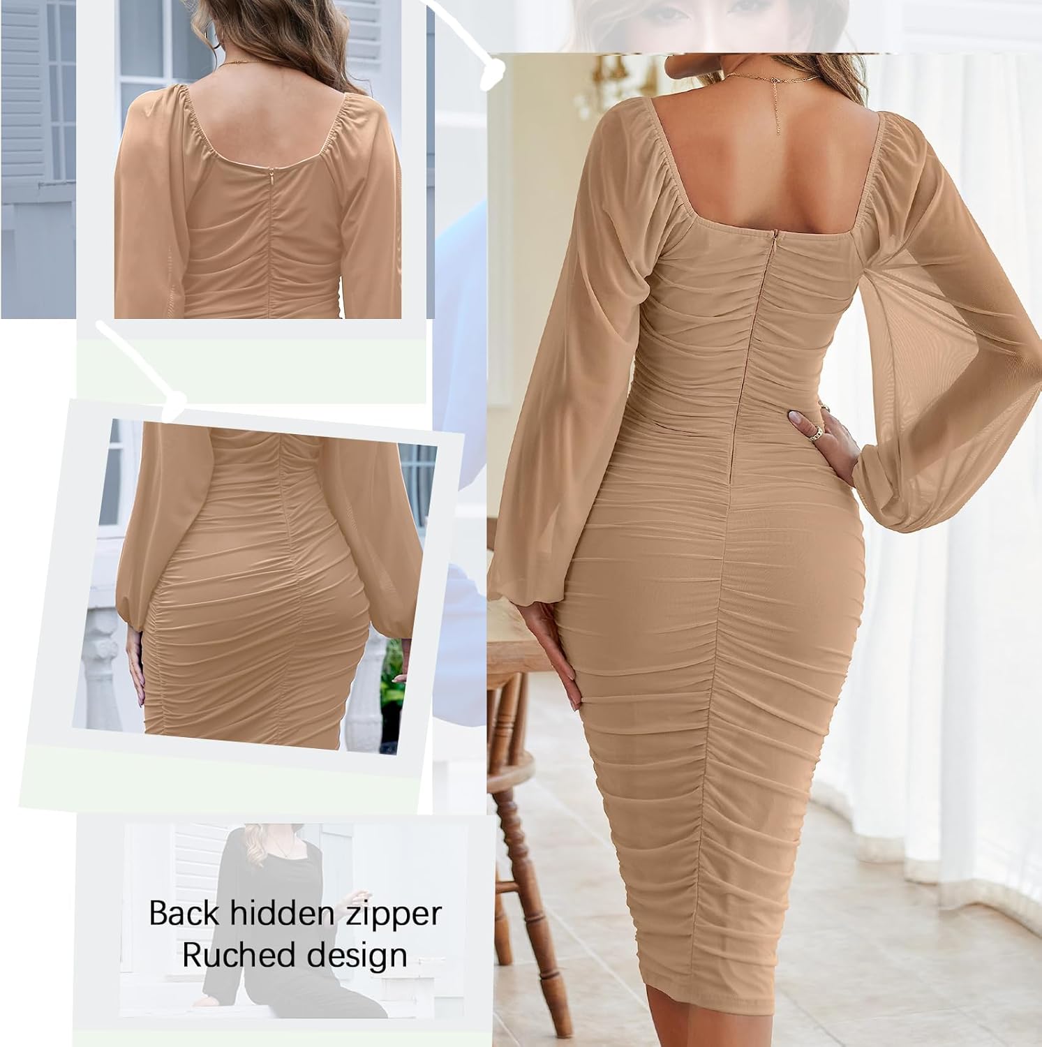 G&Y Women's Lantern Long Puff Sleeve Mesh Ruched Bodycon Dress-Square Neck Cocktail Party Clubwear Midi Dresses - Image 3
