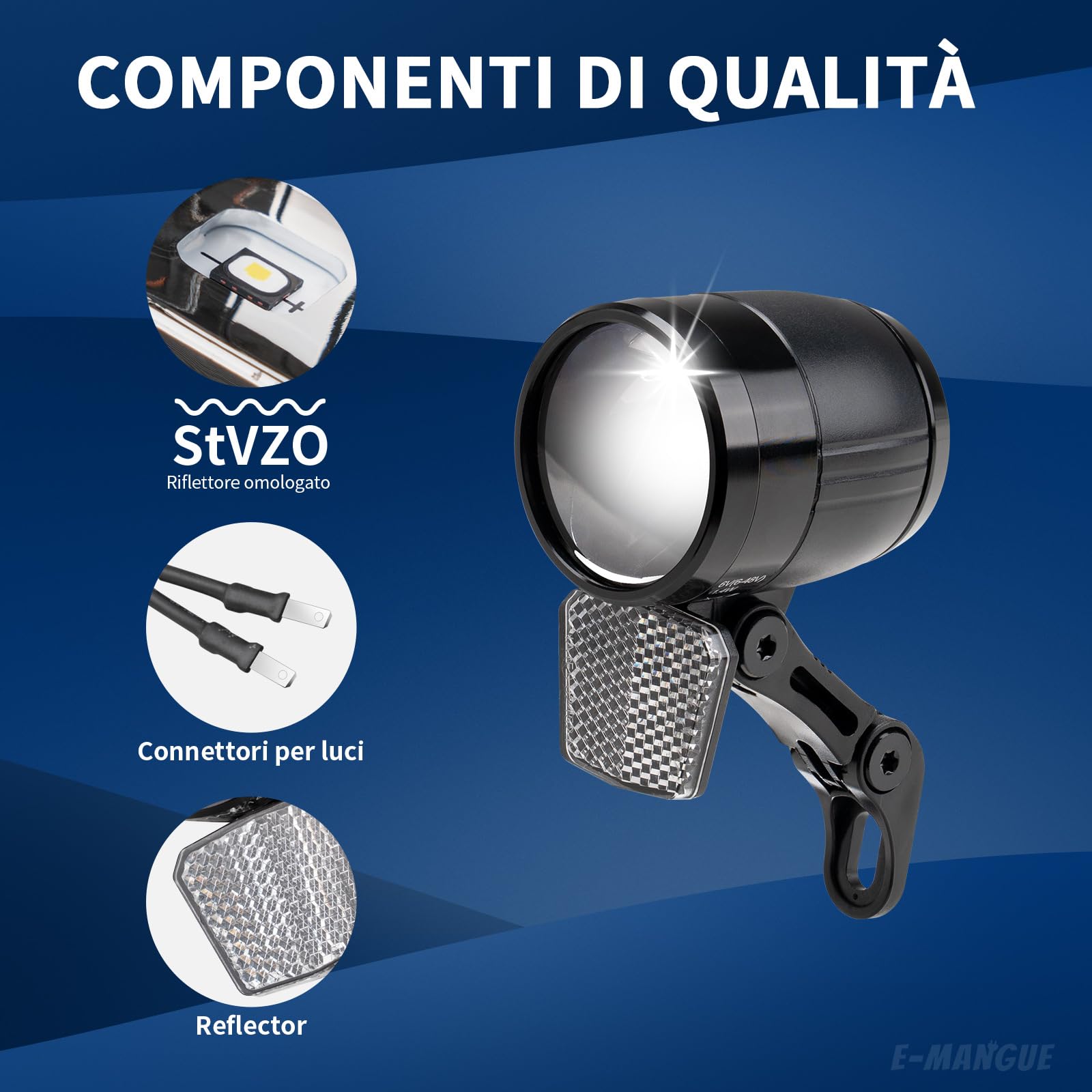 Luce Anteriore a LED per Bicicletta Elettrica, 100 LUX, Omologazione StVZO, con Riflettore, Nero, Resistente all'Acqua