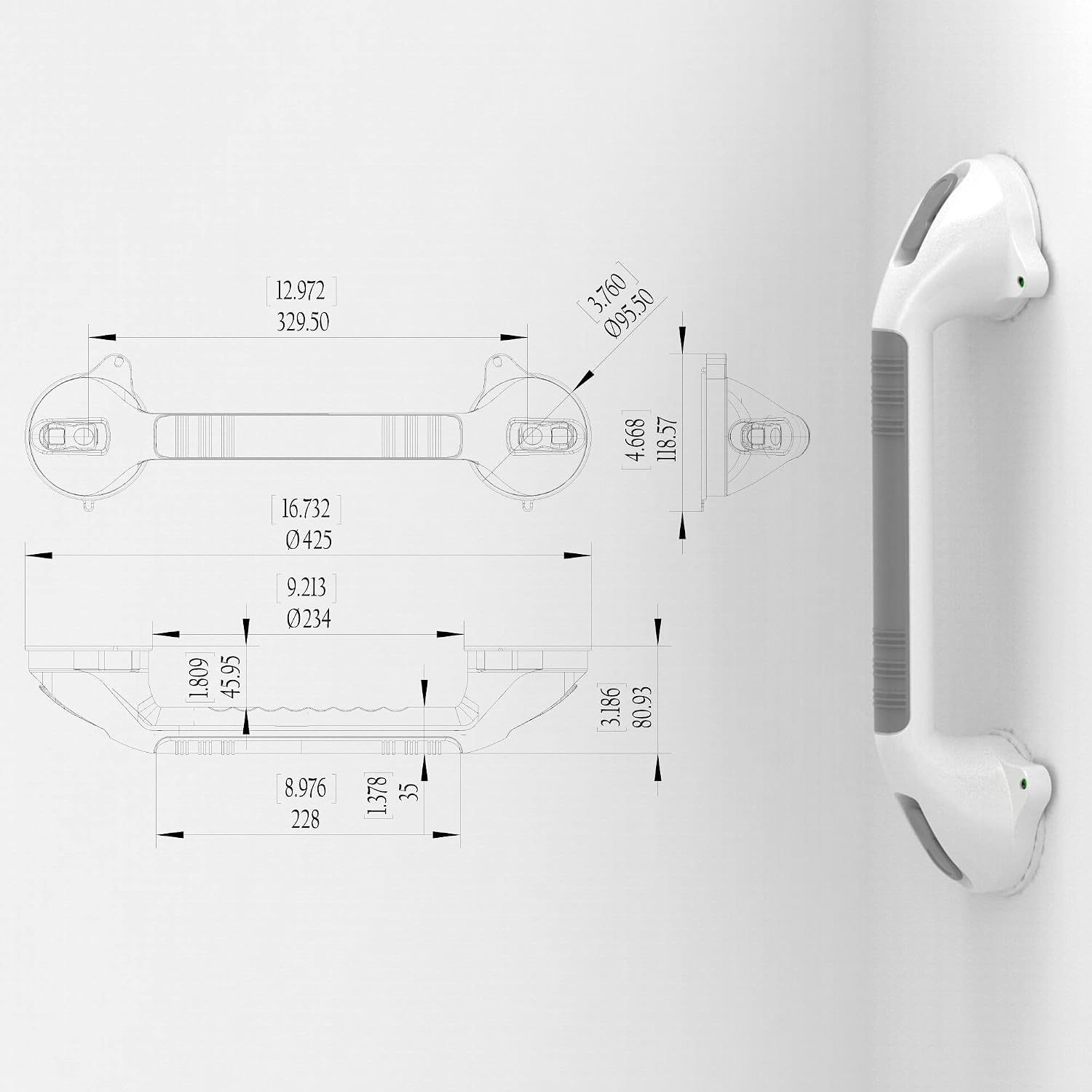 AmeriLuck 16.5inch Suction Bath Grab Bar with Indicators, Balance Assist Bathroom Shower Handle (White/Grey, Pack of 1)