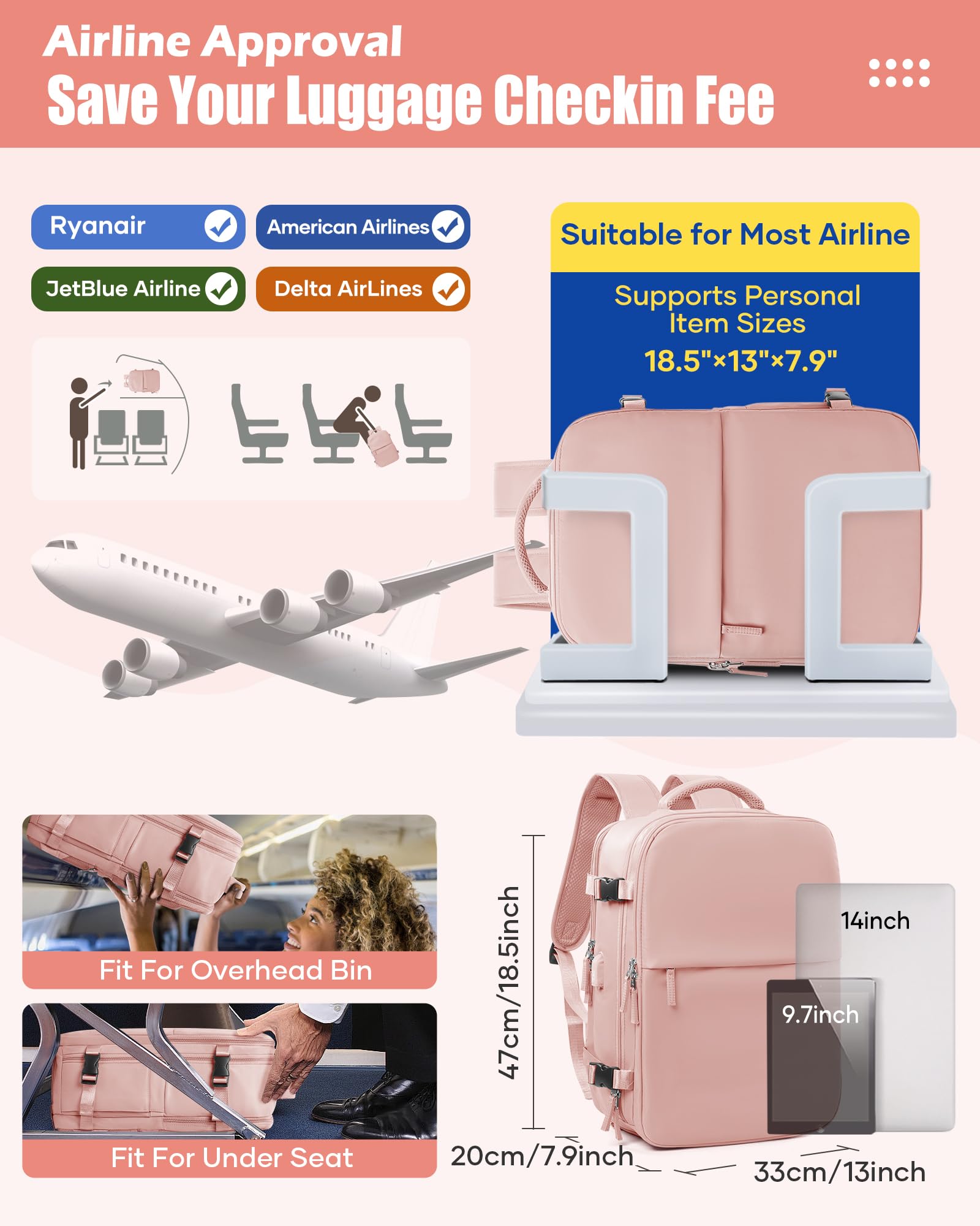 SZLX Zaino Ryanair 40x30x20 Sottovuoto Zaino da Viaggio 40x30x20 Wizzair Bagaglio a Mano 40x20x25 Borse da Cabina per Easyjet 45x36x20 Donna con USB Adatto a PC da 14 Pollici, Valigia con Sottovuoto