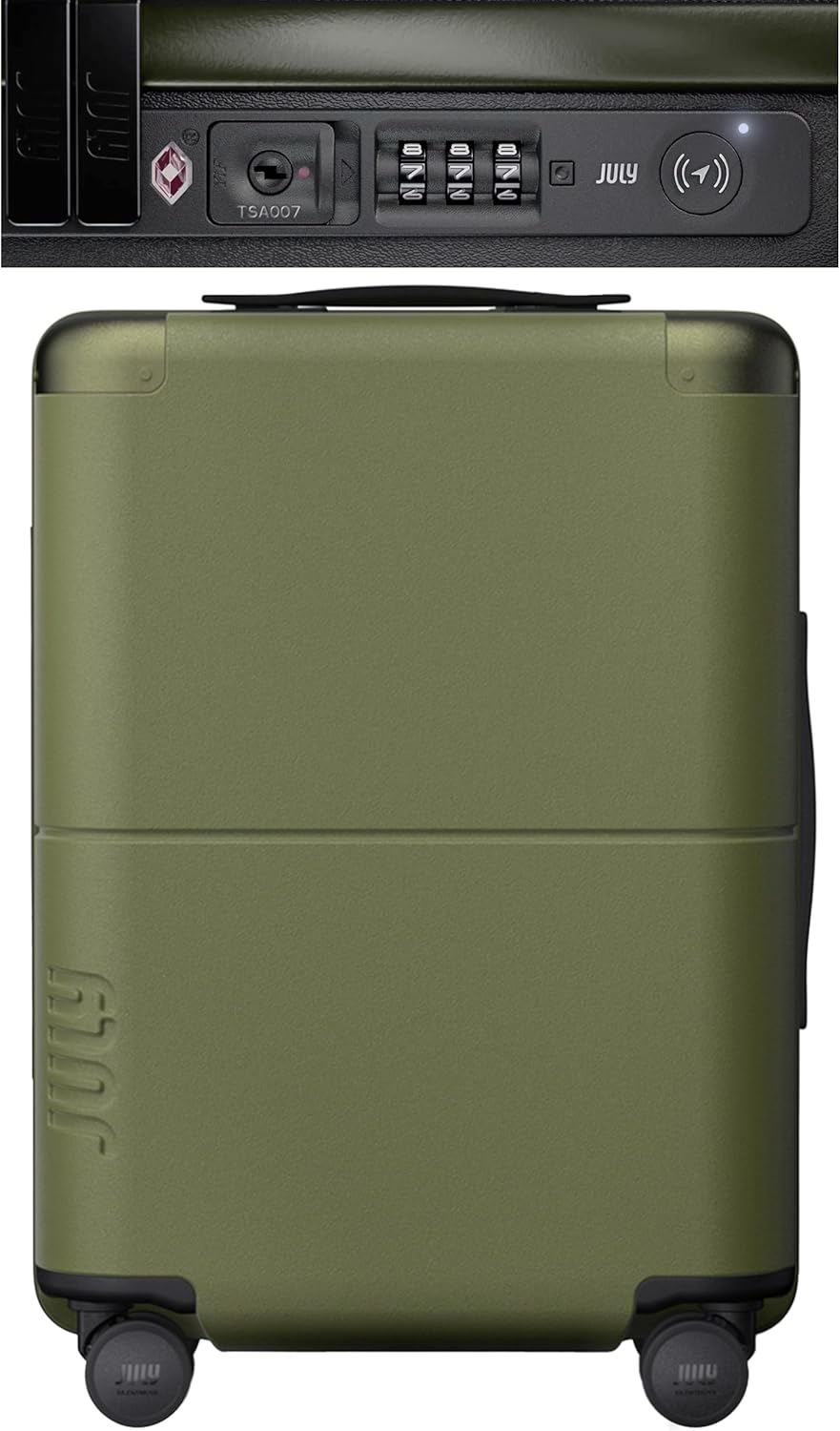 July Carry On with CaseSafe - 20" Built in Tracking, Airline Approved Carry On Luggage with Wheels, Travel Suitcase for Men & Women - Polycarbonate Shell, USB Ports & Ejectable Battery - Moss