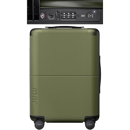 July Carry On with CaseSafe - 20" Built in Tracking, Airline Approved Carry On Luggage with Wheels, Travel Suitcase for Men & Women - Polycarbonate Shell, USB Ports & Ejectable Battery - Moss