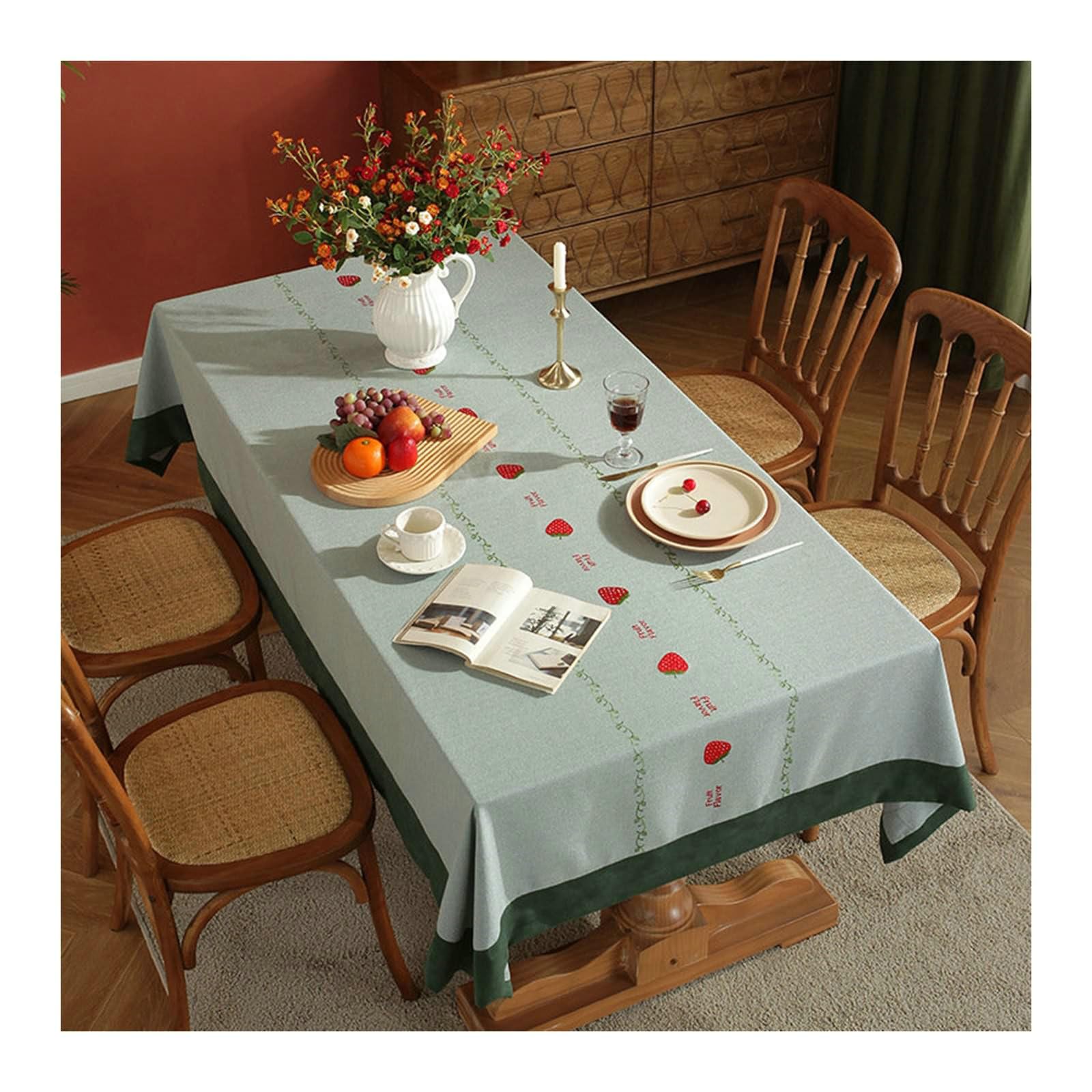 Gualiy Mantel Mesa Cocina Rectangular, Poliéster Mantel Mesa Sala 140x140CM Manteles Mesa Tela Antimanchas Bordado Fresa Mantel para Mesa Comedor, Verde
