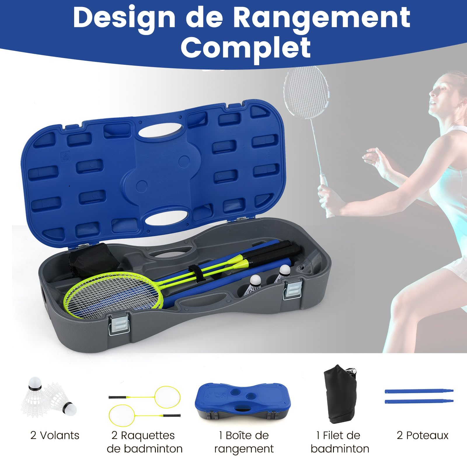 GOPLUS Set de Filet Badminton Portable avec 2 Raquettes de Badminton, Ensemble de Badminton avec et 2 Volants pour Jardin, Plage, Jeux de Balle, Sports d'équipe, 270 x 33,5 x 160cm