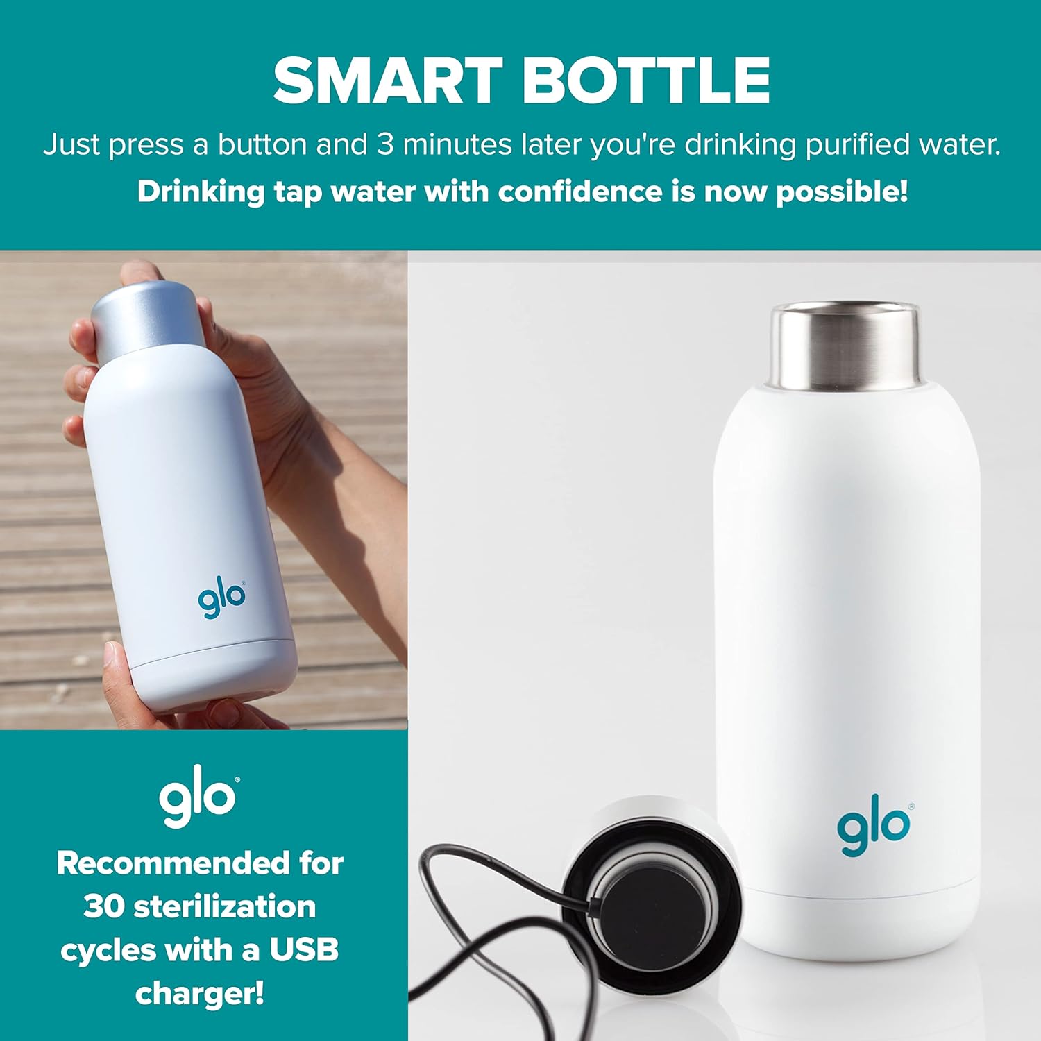 Glo - UV Water Smart Bottle | Eliminates Bad Odor and Taste | Double Insulation Stainless Steel BPA Free 400ml | Keeps Water Hot 12h and Cold 24h | Perfect for Camping Hiking Cycling and Survival - Image 4