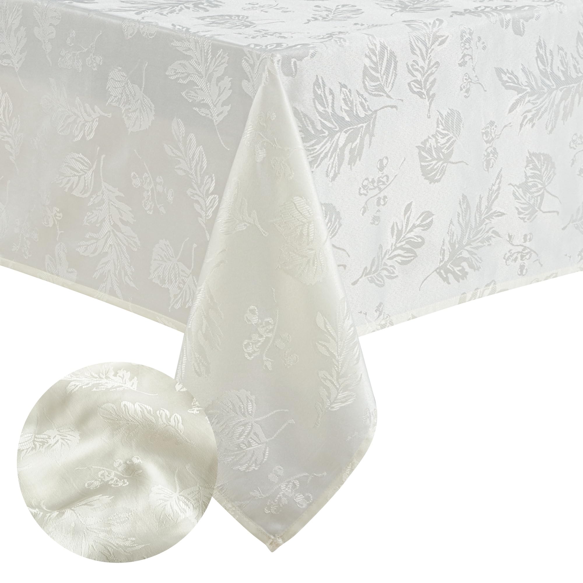 Elrene Home Fashions Elegant Woven Leaves Jacquard Damask Wrinkle Resistant Tablecloth, 60" x 102, Oblong, Ivory