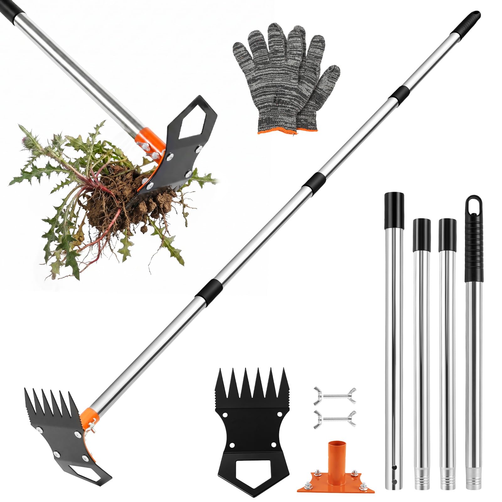 Yuekuntj Black Weed Puller Rake, Weed Rake And Garden Hoe, 152.4Cm Adjustable Long Handle Weeding Tool, Weeds Remover Gardening Tool, Manual Weeding Puller With Manganese Steel Head For Yard Lawn