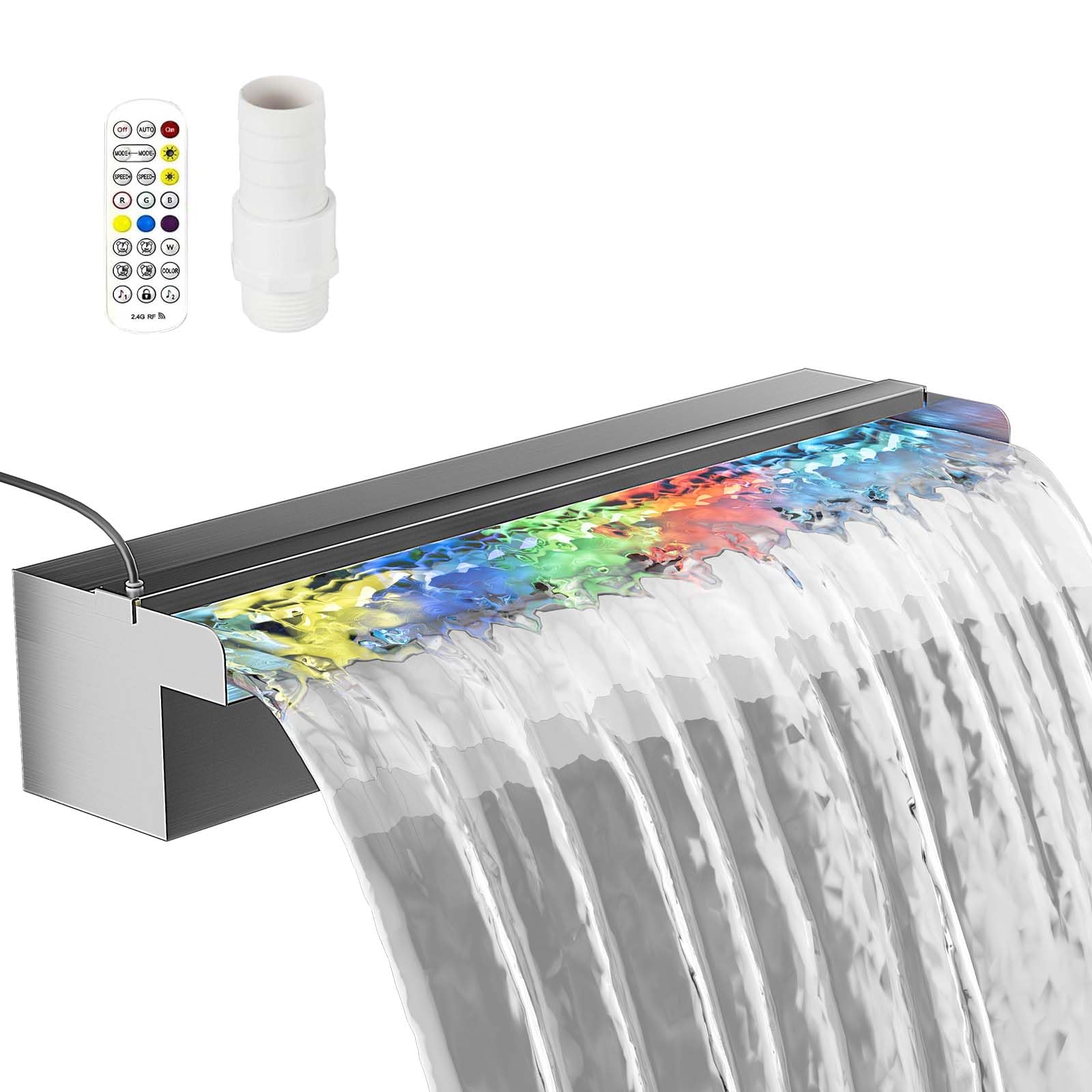 Pool Fountain Stainless Steel Waterfall with LED Lights - 17.7" LED Strip Remote Control with 18 Colors, Smooth Water Flow &amp; Cascade Blade, Easy Installation for Outdoor, Garden, Patio &amp; Ponds