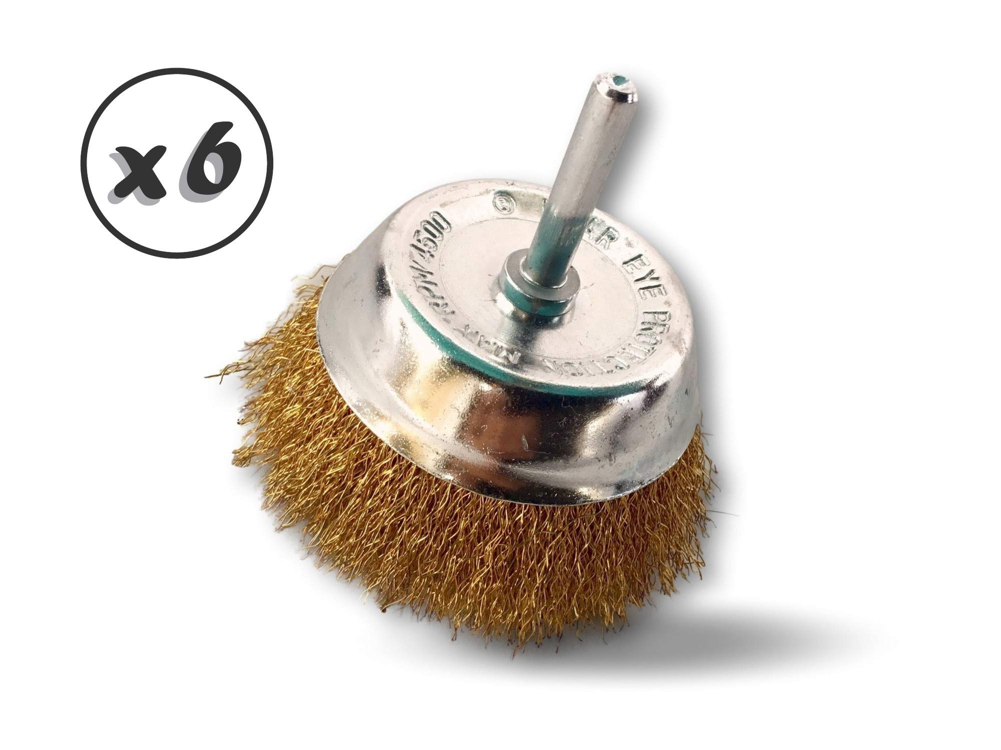 Metalowa szczotka obrotowa do cięcia Ø 75 mm | Zestaw 6 | Na trzonku Ø 6 mm | Nici mosiężne Ø 0,20 mm miękkie | Do wiertarki lub wkrętarki z uchwytem | Kibros 2575LVx6