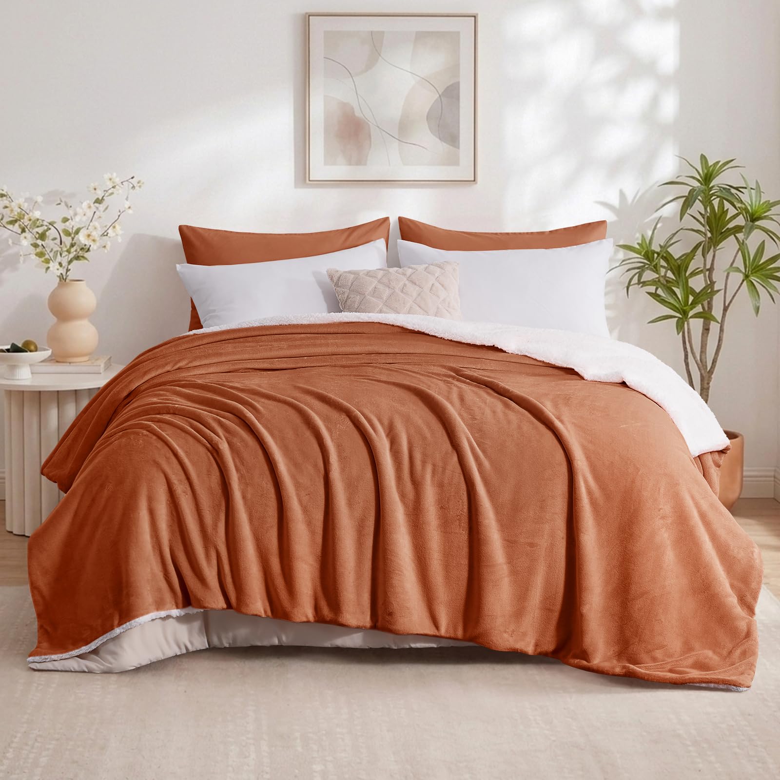 Aisbo Sherpa Fleece Blanket Burnt Orange - Fluffy Thick Blanket for Bed Large Throw, Warm Soft Solid Microfiber Blankets King Size Throws for Couch Sofa, 200x240cm