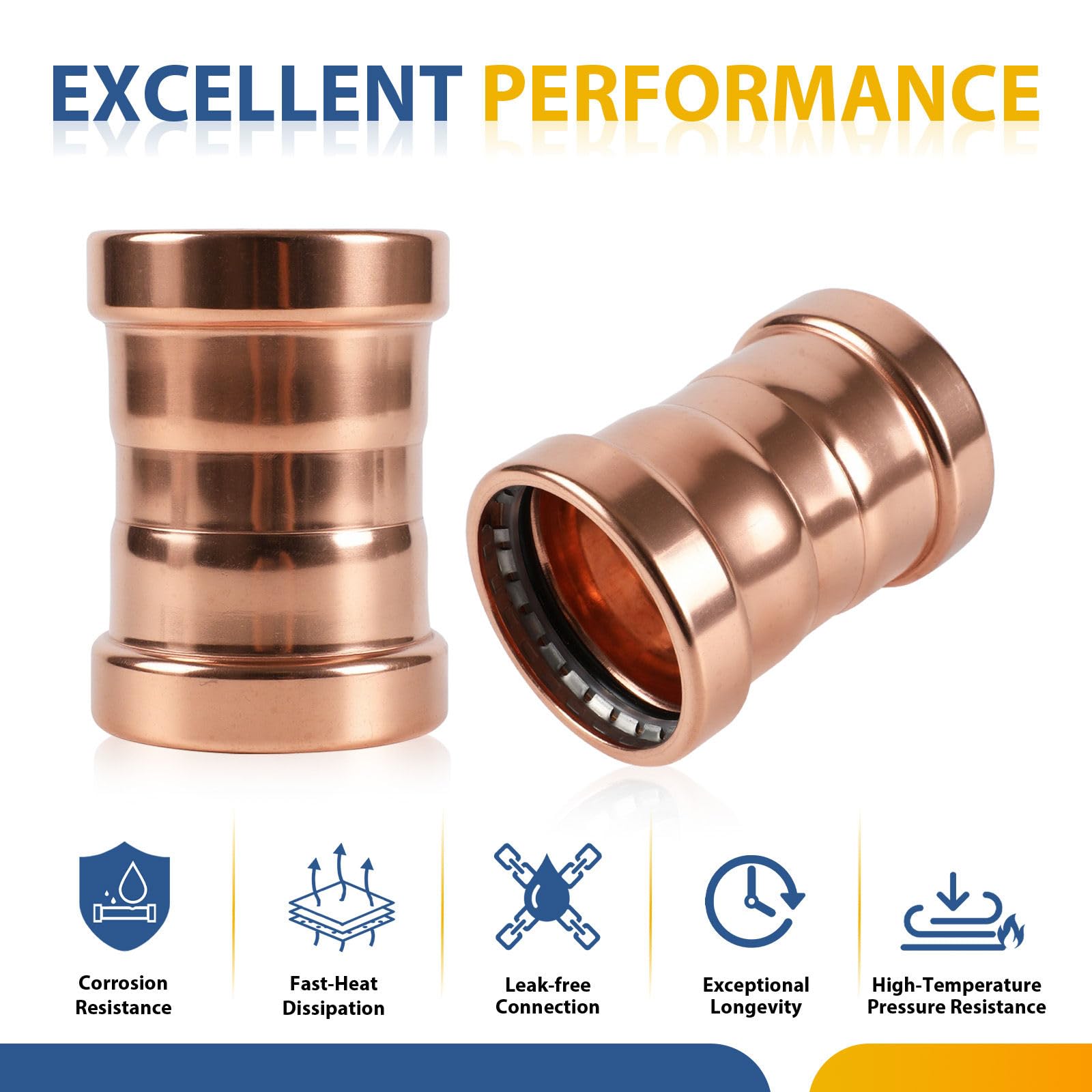 Paquete de 5 acoplamientos de presión de Cobre con Tope, Acoplamiento de Cobre de 4" para Conexiones de tuberías de plomería y HVAC.