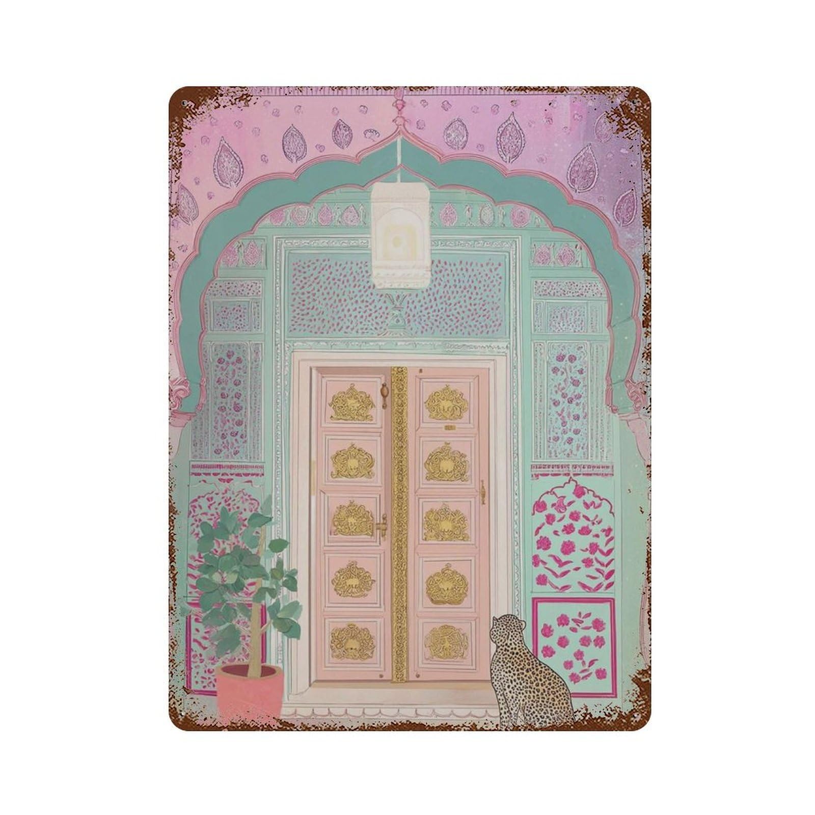 xiaoxiaoshen Jaipur Doorway Indian Palace Boho Exotic Pink And Teal Architecture Painting Roy Wall Decor Art Metal Tin Poster Modern Home Decor Art Home Bar Shop Decorations Vintage Sign 40x30cm