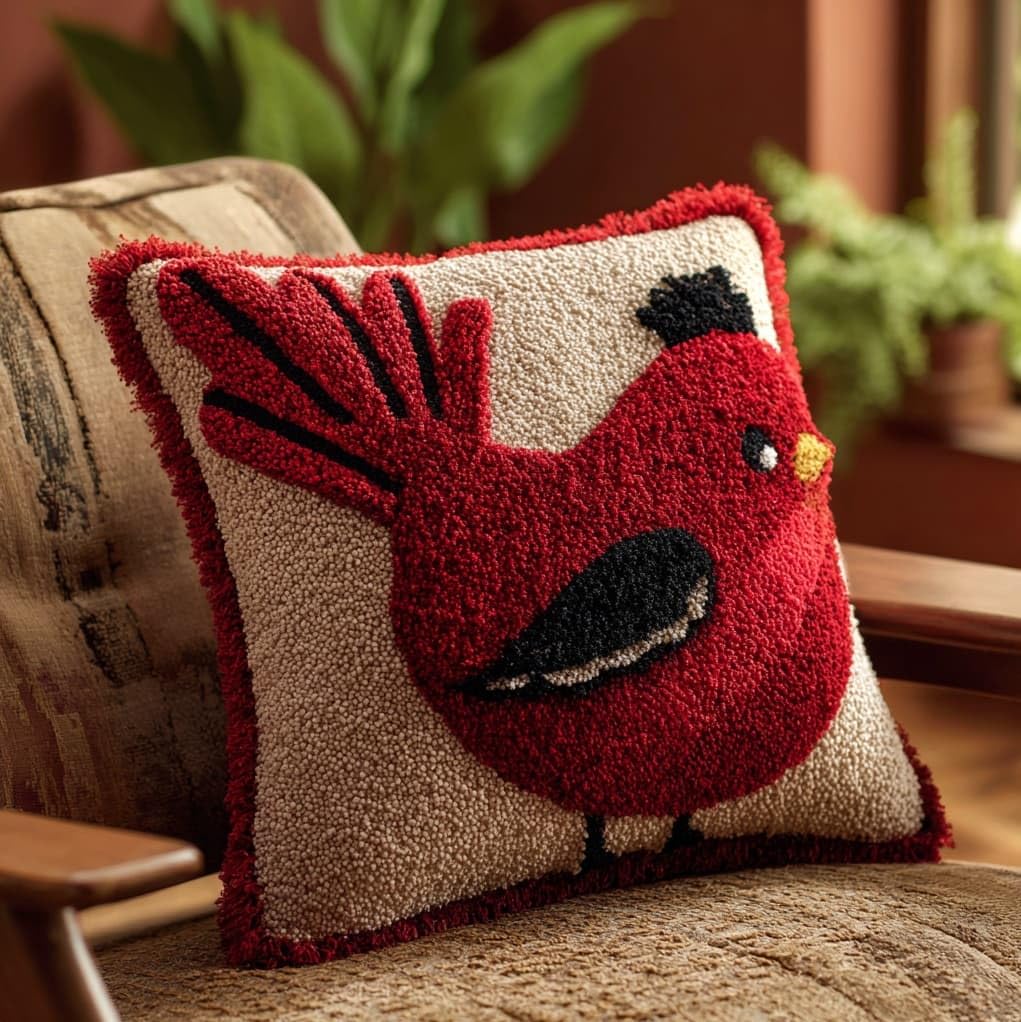 Henypt Latch Hook Craft Kit 17x17 Inch,Red Bird Complete Embroidery Cushion Kit,Creative Craft Stress Relief Handmade Gift for Beginners