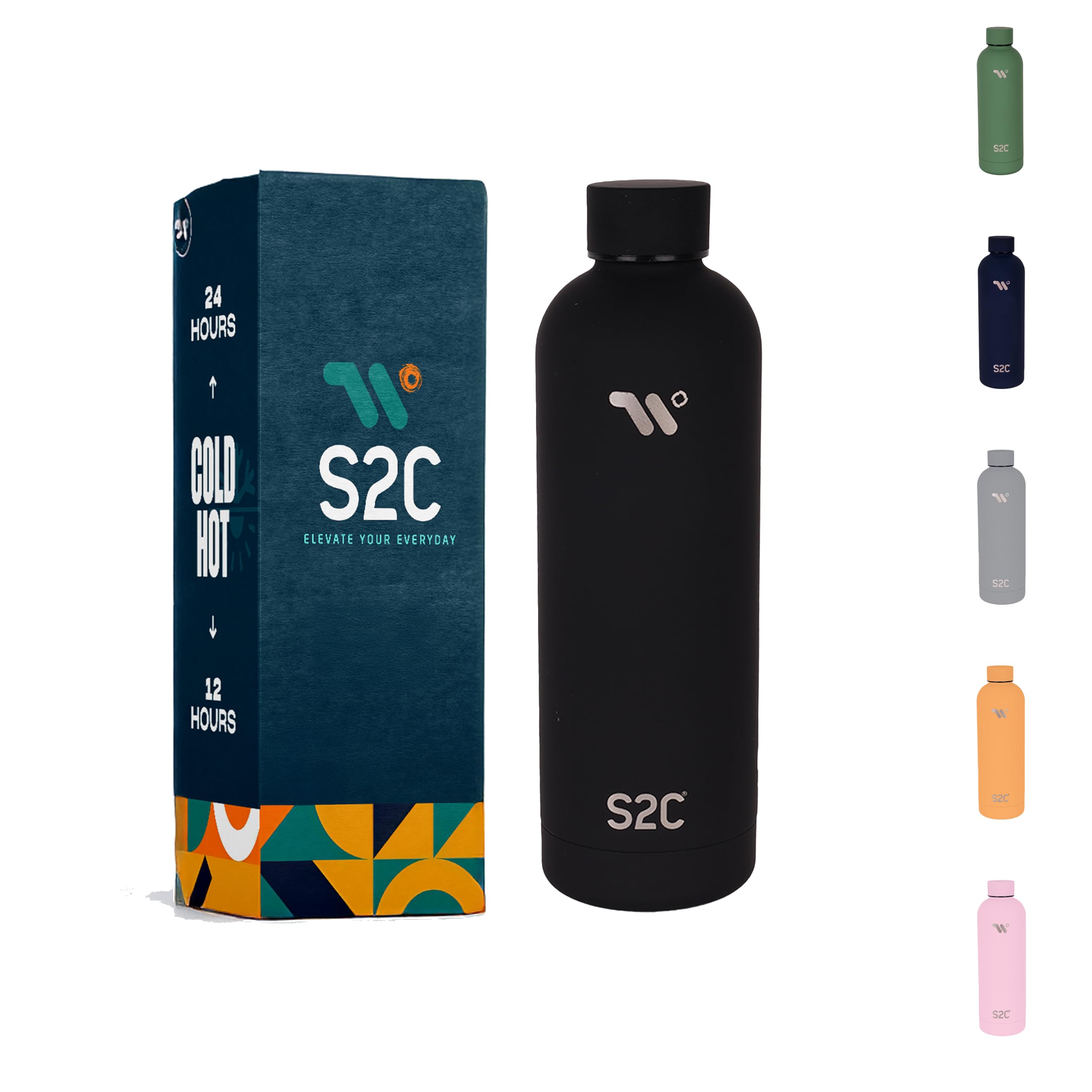 S2C Water Bottle Stainless Steel 750ml - Double Wall insulated Water Bottles for Hot Water Gym Bottle Stainless Steel Water Bottle for Kids School Flask Bottle Hot water bottle (BLACK, 750ml)