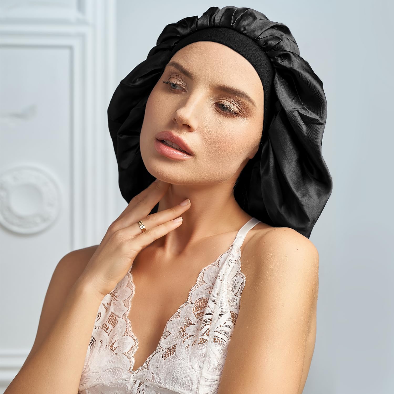 Cuffia da notte in seta di gelso naturale, da donna, 19 momme, fascia elastica XL, foulard per la notte Charlotte, per capelli afro crespi, fragili e secchi, cuffia da notte in seta