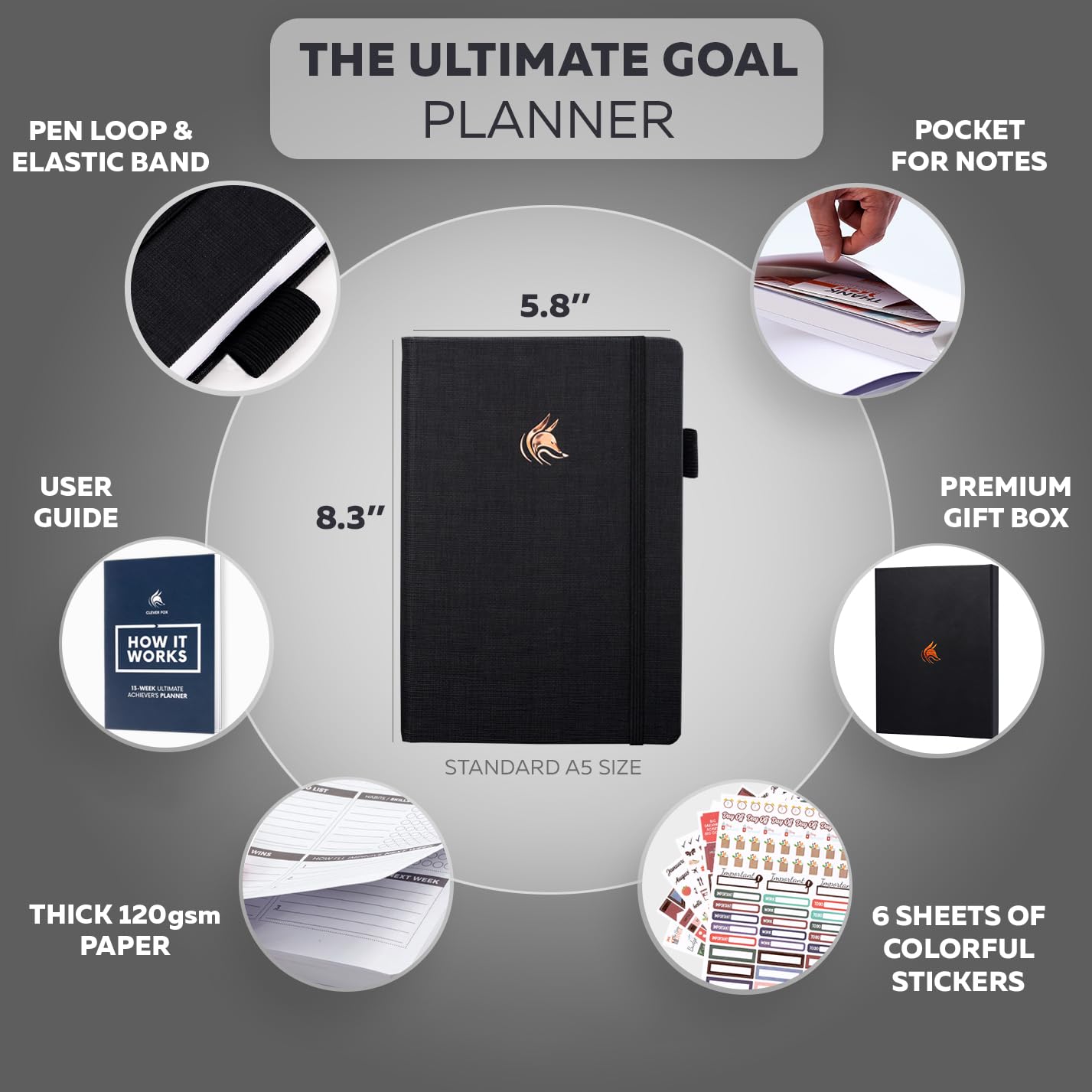 Clever Fox Planificador de objetivos de Ultimate Achiever's – Focus & Productividad, 90 días diario semanal mensual planificador diario y agenda horaria – Sin fecha, tapa dura, tamaño A5, negro ónix