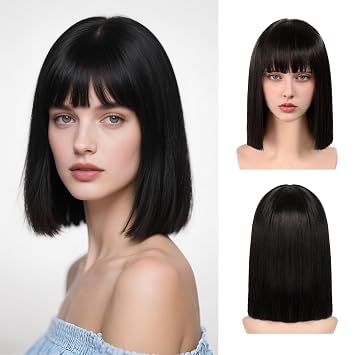 Black Bob Wig with Bangs 13in Short Straight Synthetic Wig for Women