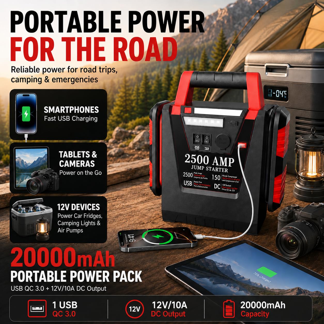 Arrancador de Coches Portátil 2500A con Compresor de Aire 150 PSI, Arrancador de Baterías 12V (Motores Gasolina/Diésel hasta 8.0L), Booster Batería, Jump Starter 20000mAh, Luz LED 500LM