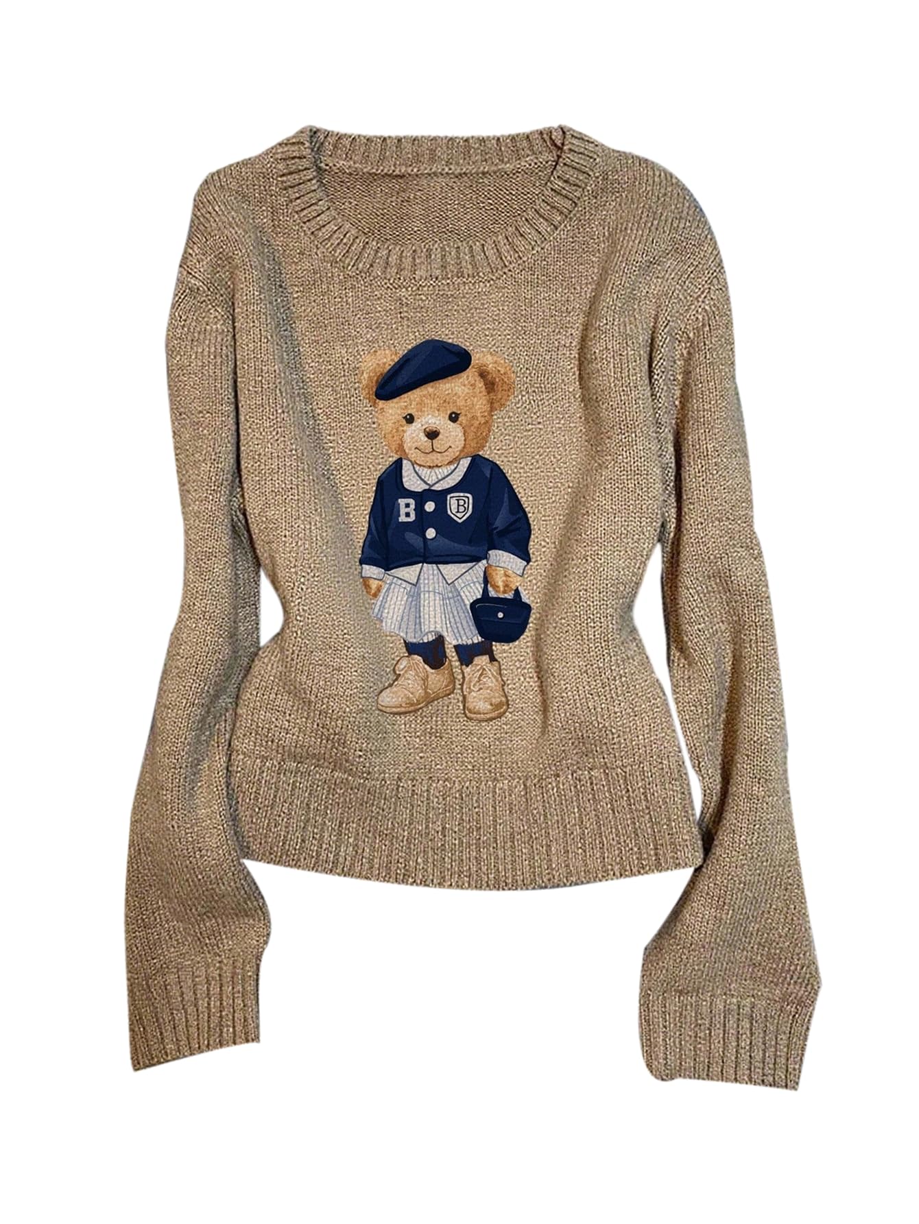 GORGLITTER Womens Bear Sweater Cute Long Sleeve Crew Neck Knitted Pullover Tops