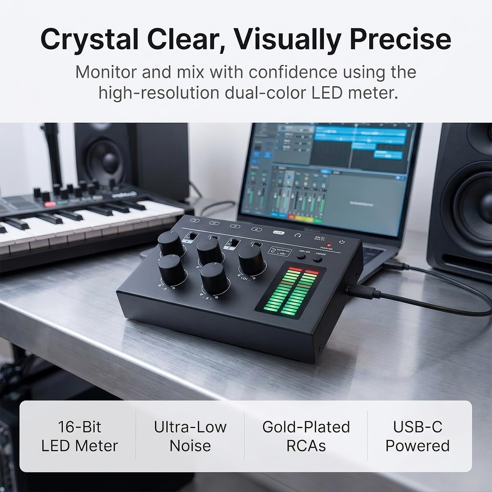 4-kanałowy mikser audio mono/stereo, wskaźnik poziomu LED | Mikser liniowy o ultraniskim poziomie szumów, regulowany kolor i wzmocnienie, wizualizator muzyczny RGB, do streamingu