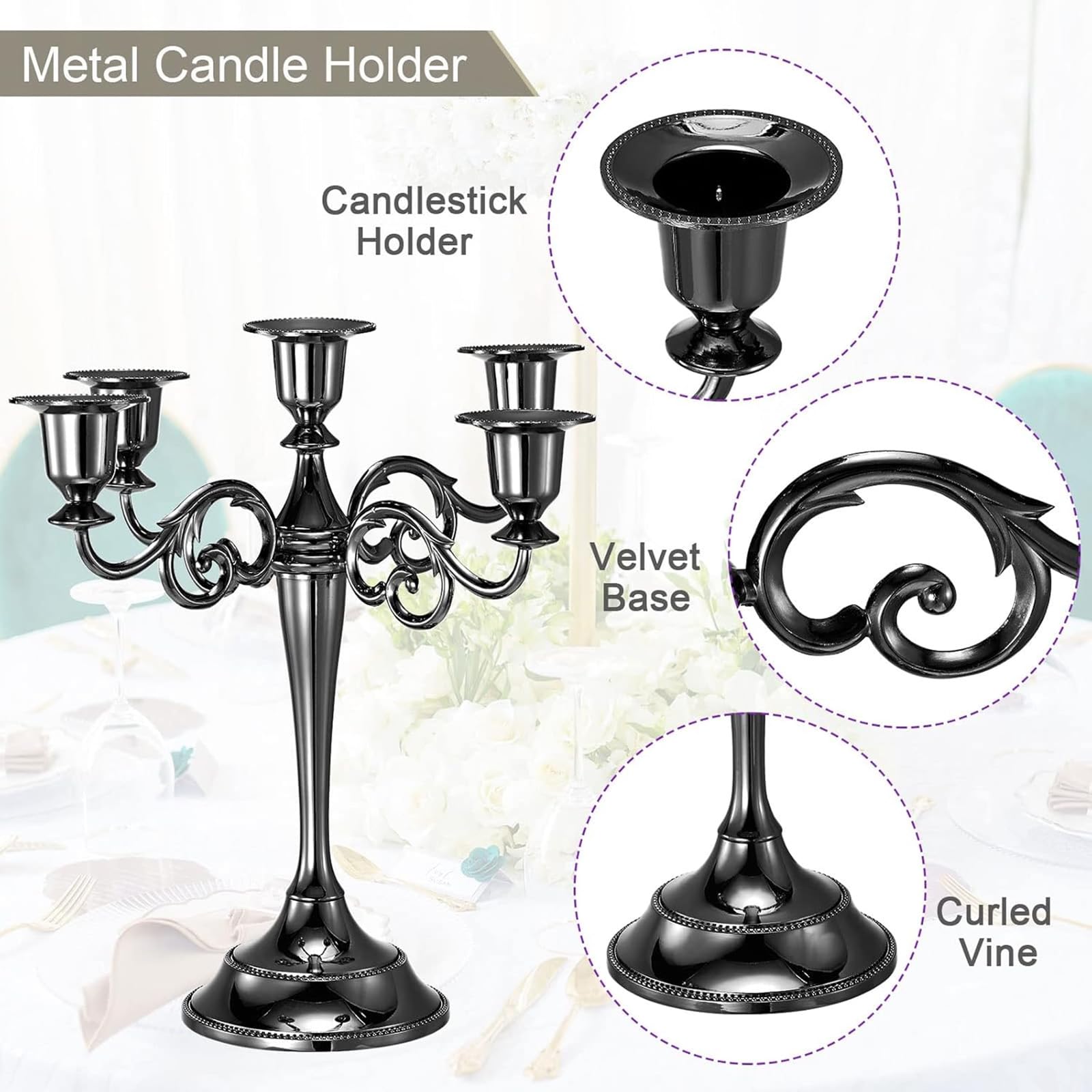 2 StüCk 3-Armiger KerzenstäNder Aus Schwarzem Metall, 25,4 cm, EuropäIscher Eleganter Kerzenhalter, KerzenstäNder FüR Hochzeit, Candlelight-Dinner, Weihnachtsfeste, Heimdekoration