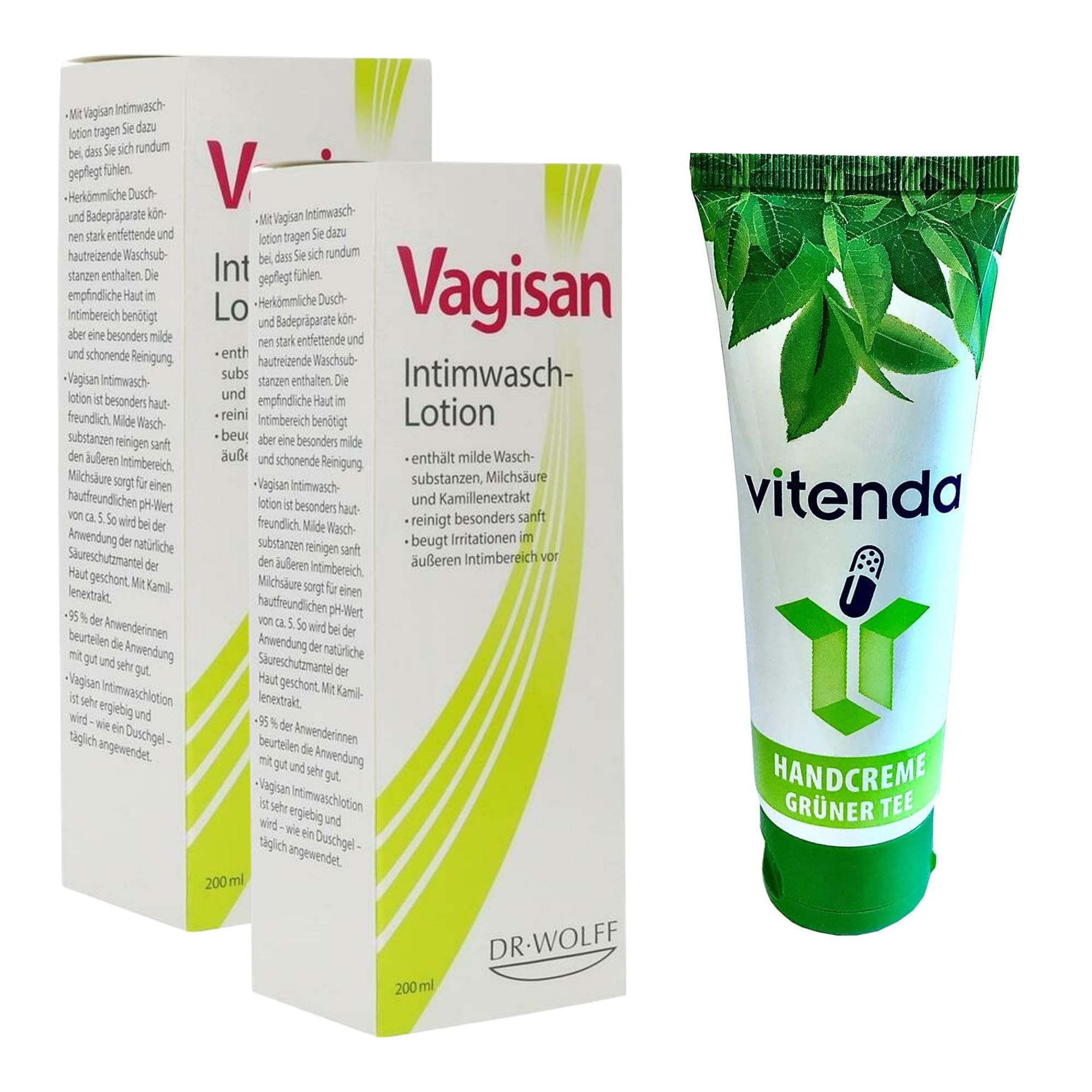 Set: Intimwaschlotion zur sanften Reinigung mit Vagisan, mit Milchsäure und Kamille, pH 5, 2x200ml – inkl. vitenda Handcreme