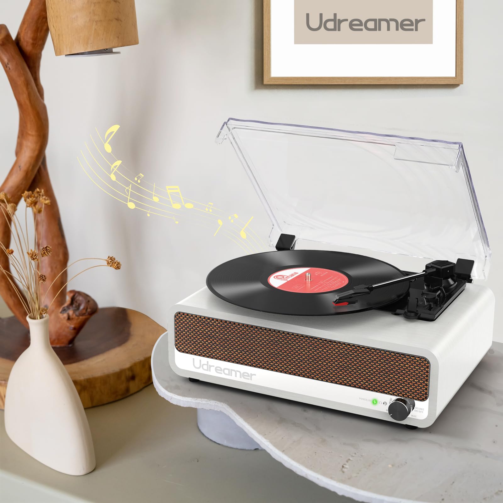 Udreamer Platine Vinyle Bluetooth Tourne Disque Support USB Aux entrée RCA Ligne de Sortie 3 Vitesses Drive Ceinture Arrêt Automatique Miroir Design Blanc